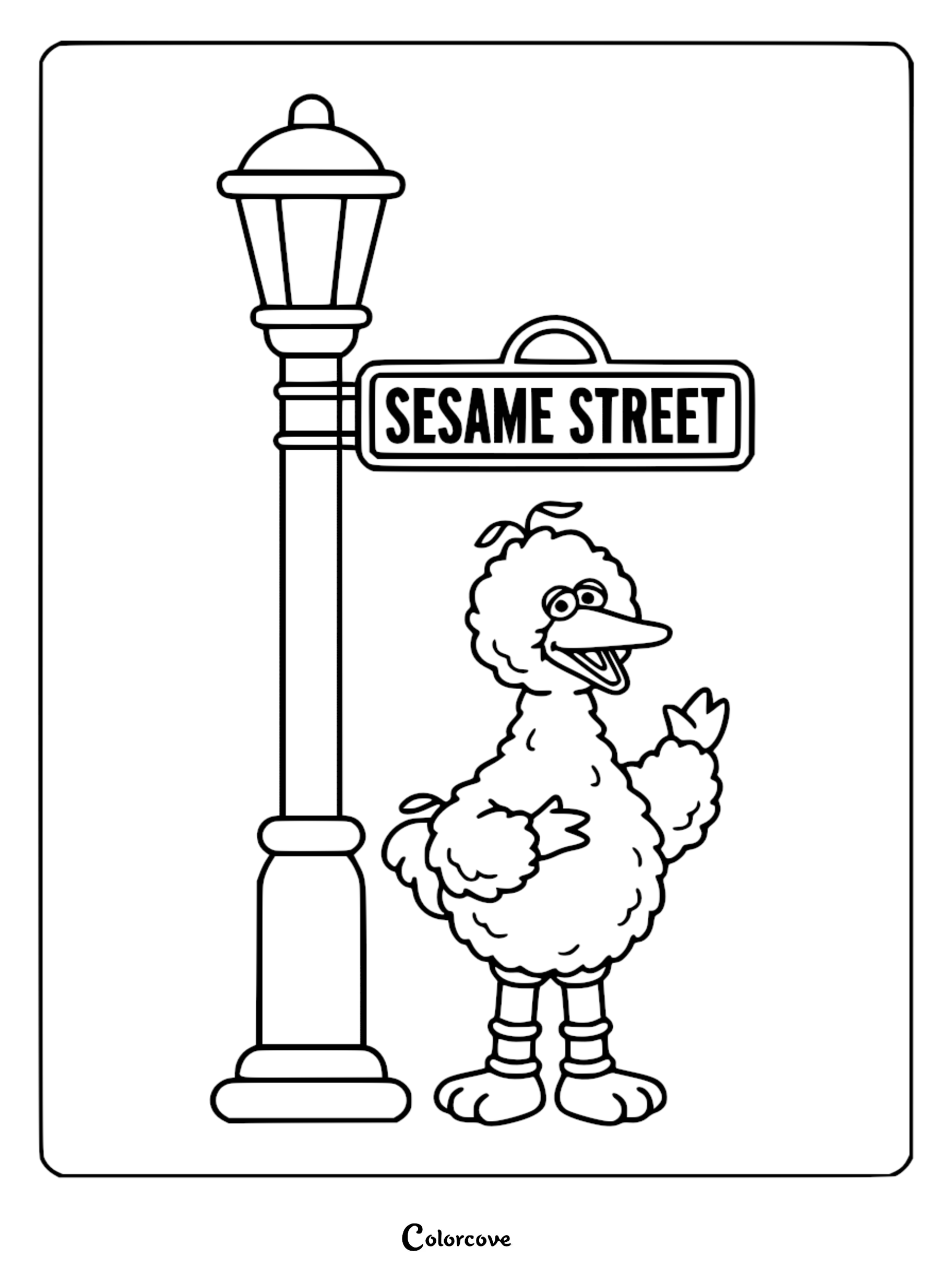 Big Bird waving next to a classic Sesame Street lamp post sign coloring page for kids