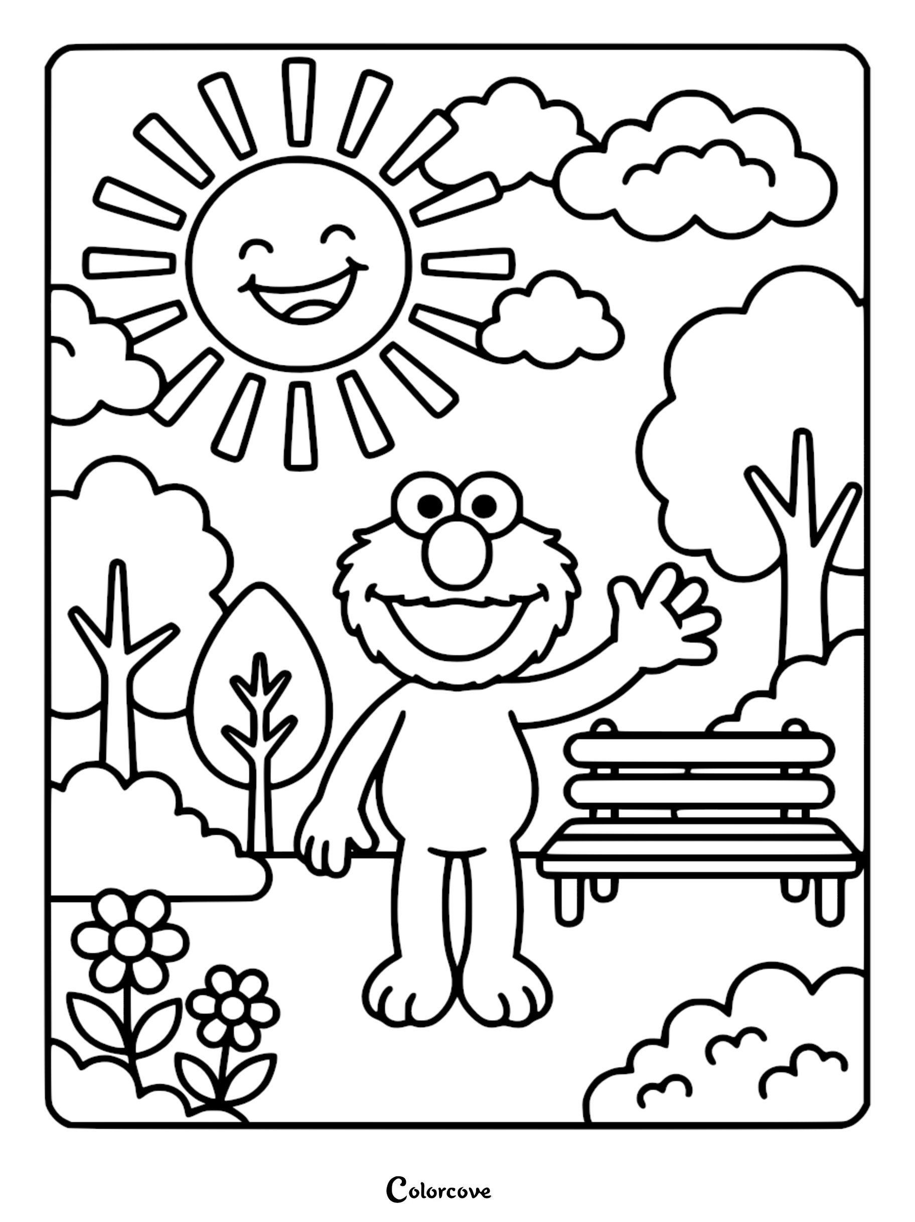 Elmo waving in a park with trees, a bench, flowers, and a smiling sun in this printable coloring page.