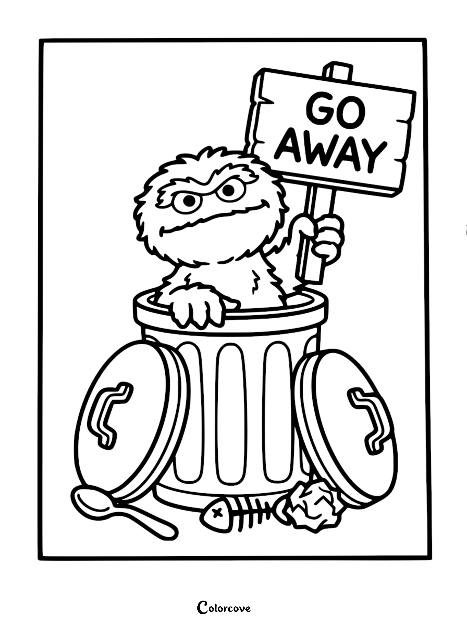 Oscar the Grouch in his trash can holding a sign that says GO AWAY, a perfect printable coloring page for Sesame Street fans.