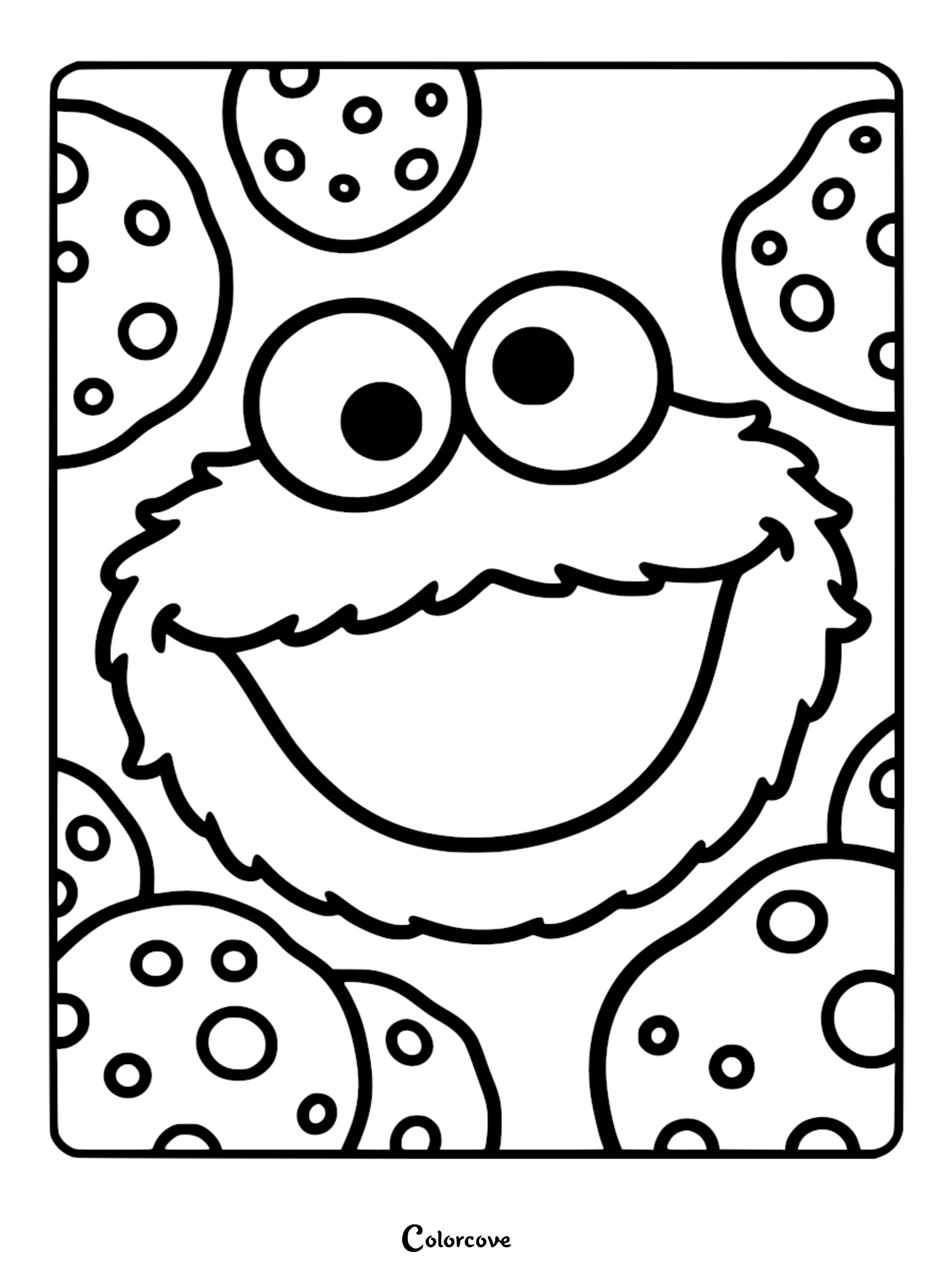 Close-up line art coloring page of Cookie Monster's furry face surrounded by many scattered chocolate chip cookies.