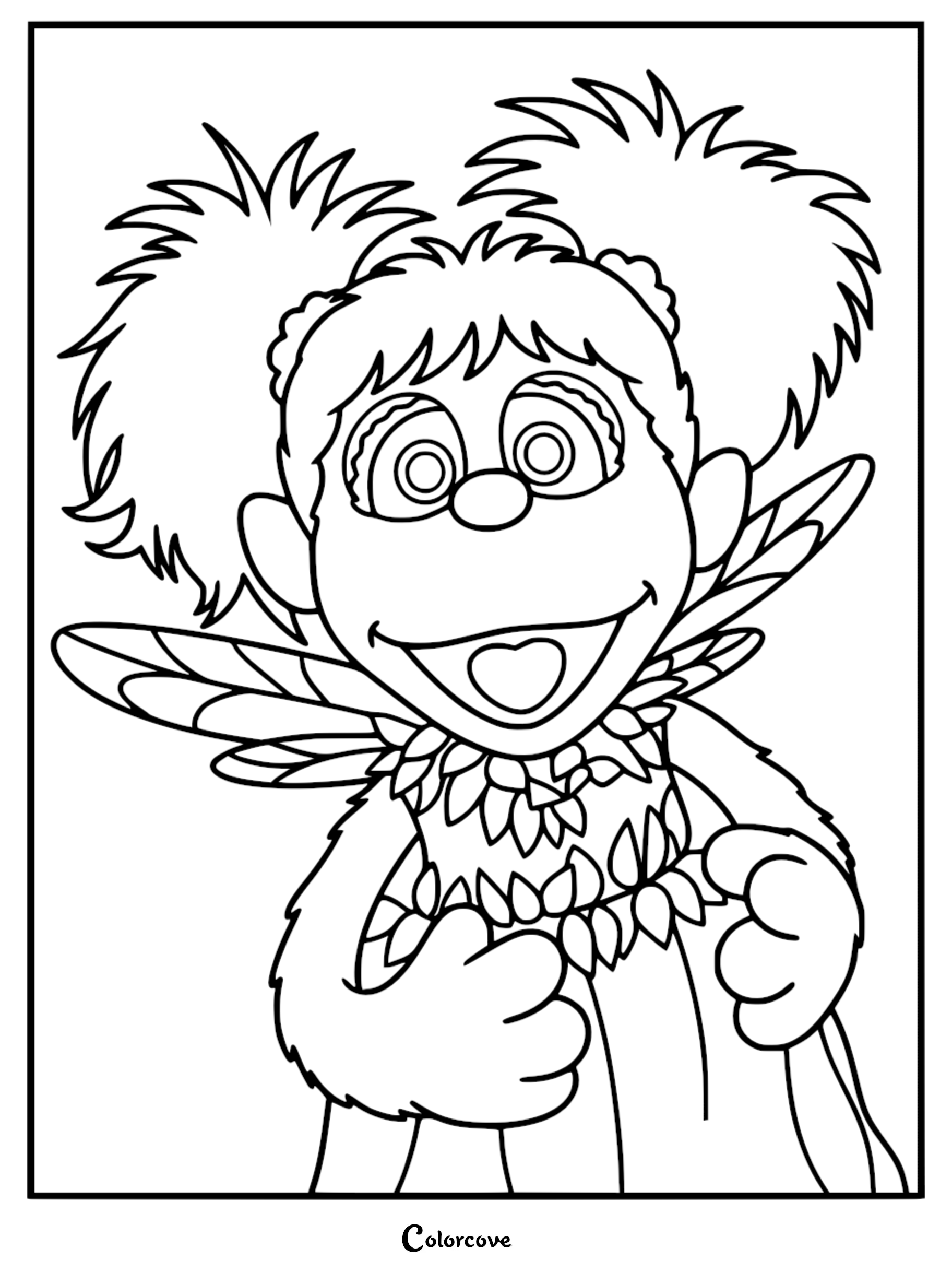 Abby Cadabby from Sesame Street with pigtails, fairy wings, and a leafy collar on a printable coloring page.