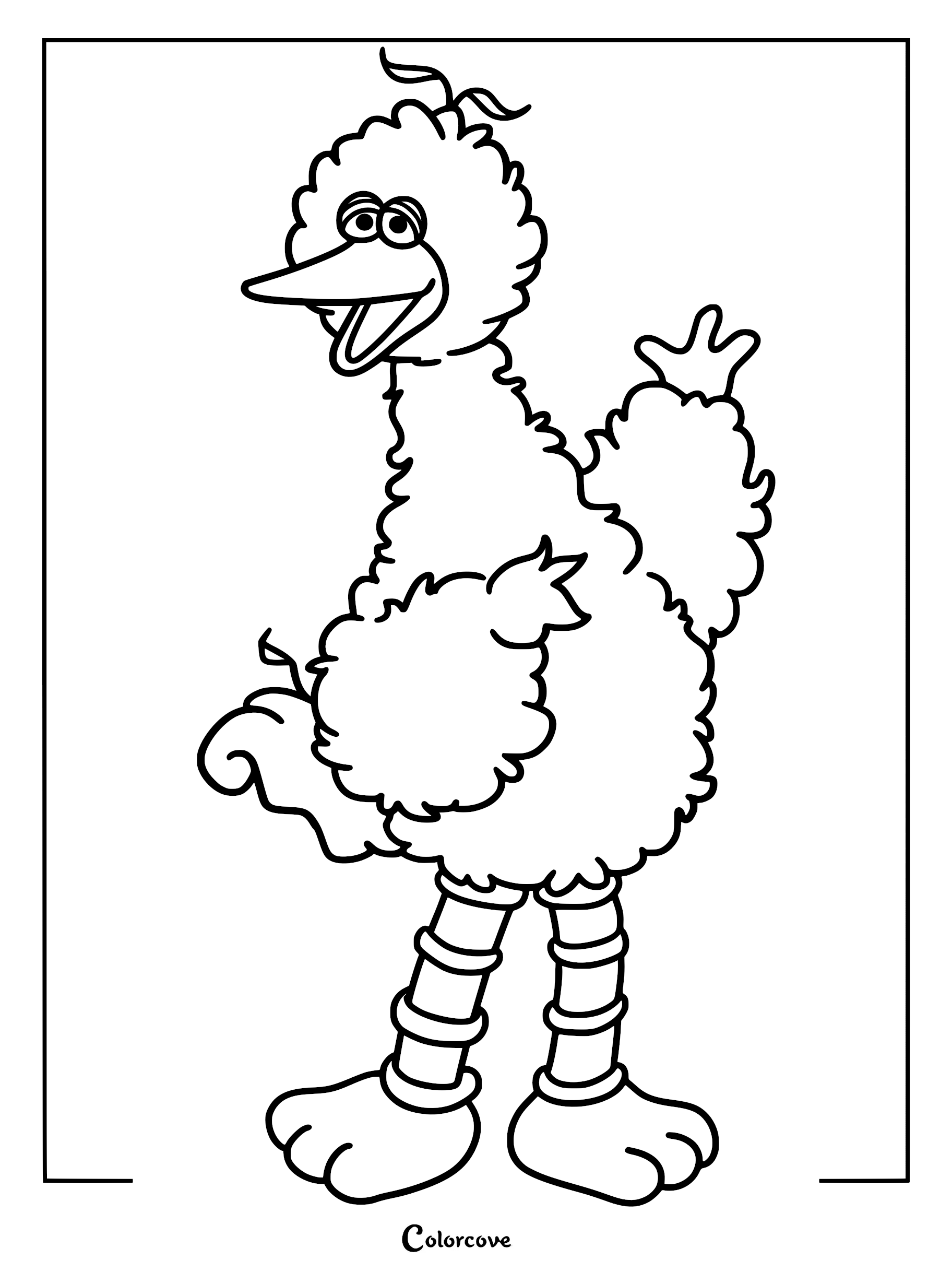 Big Bird from Sesame Street smiling and waving hello in this printable line art coloring page.