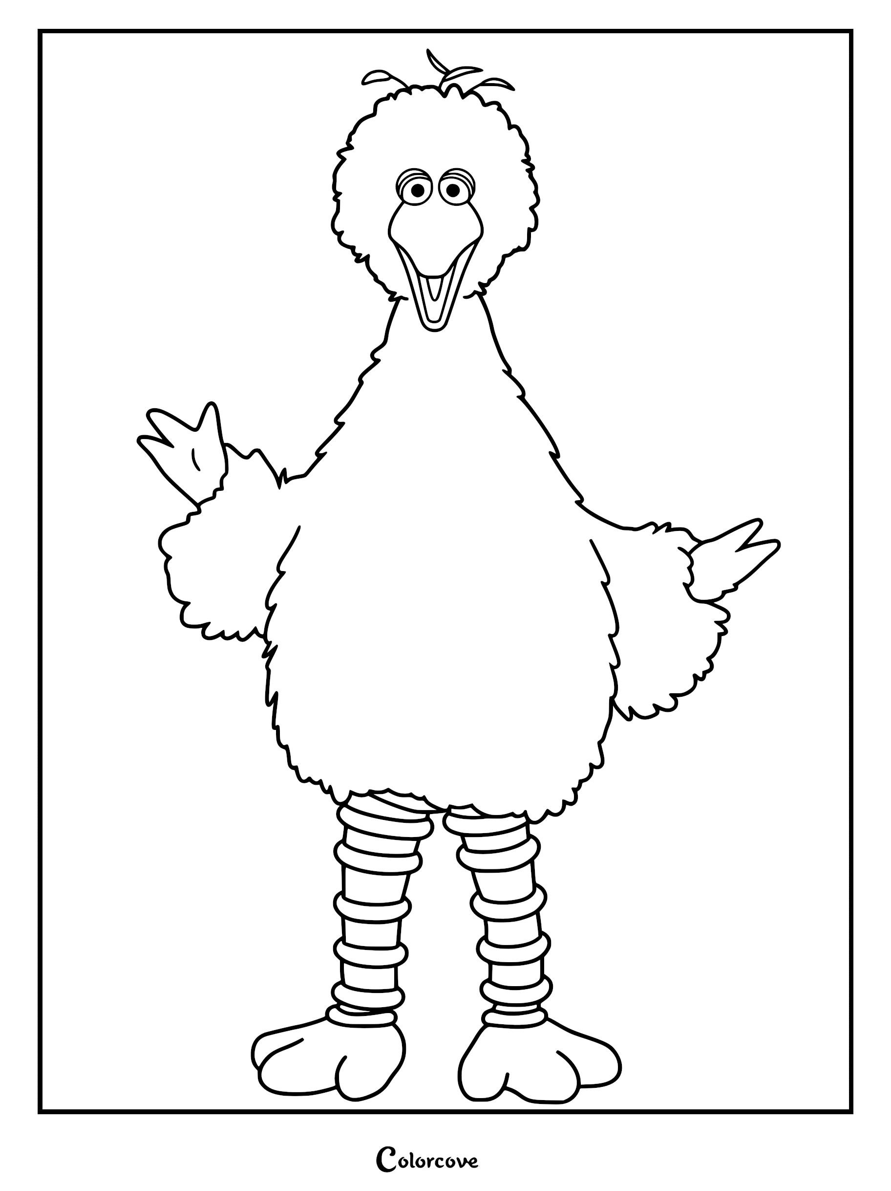 A printable Big Bird coloring page featuring the tall yellow bird with striped legs waving his hand.