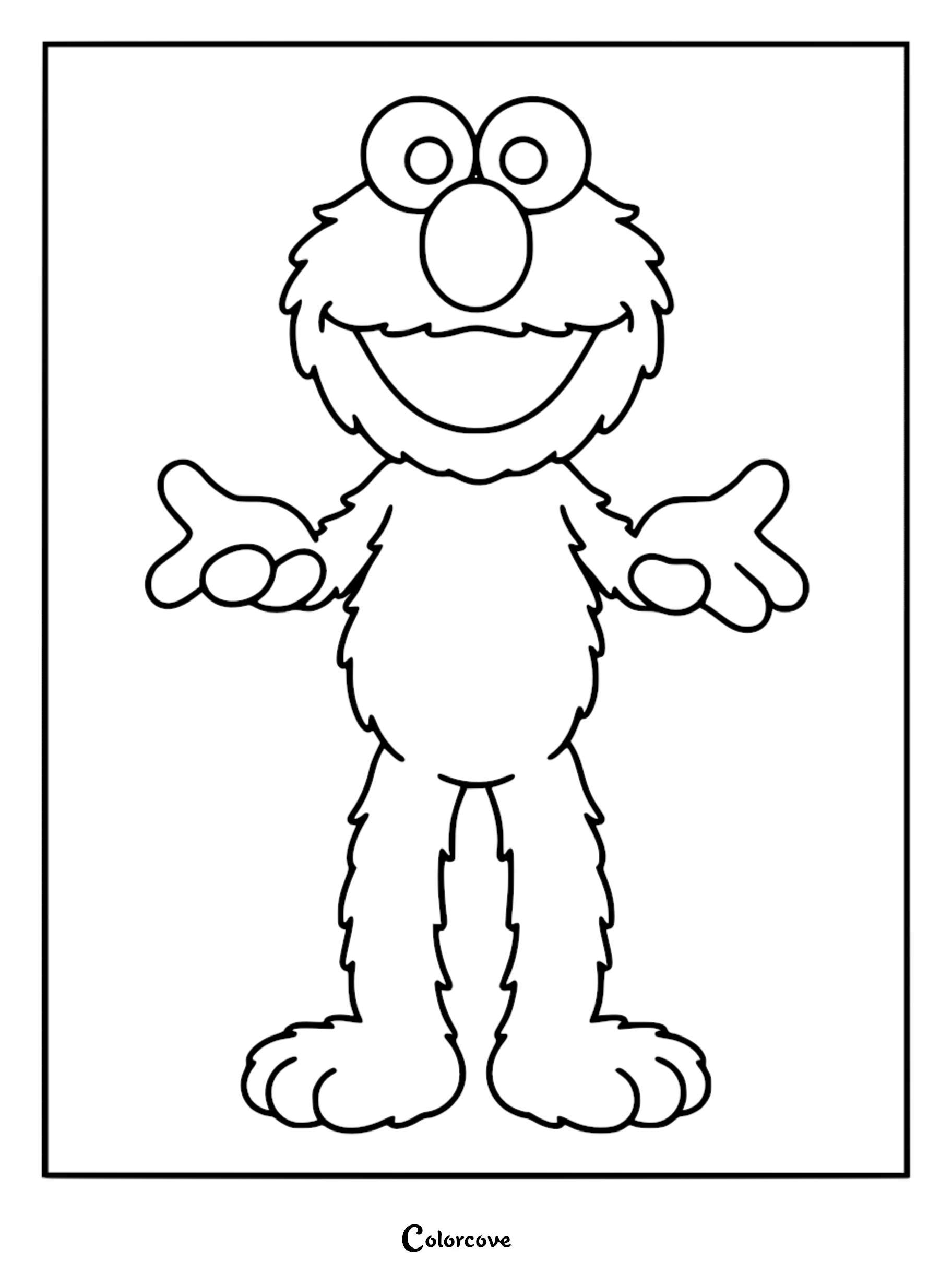 Elmo from Sesame Street standing with open arms, a printable line art coloring page with bold black outlines.