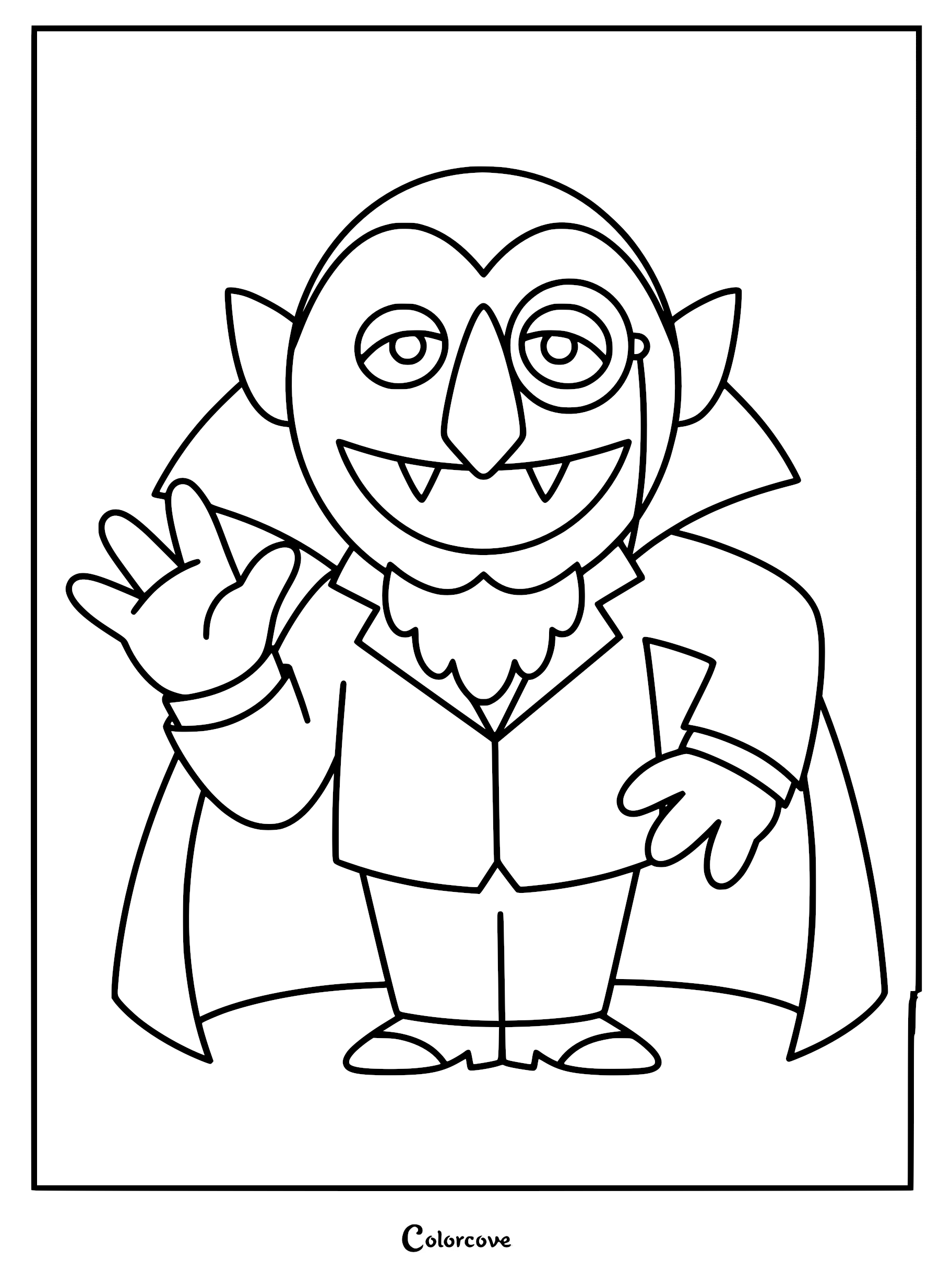 Count von Count from Sesame Street waving his hand while wearing his signature cape and monocle in this printable coloring page.