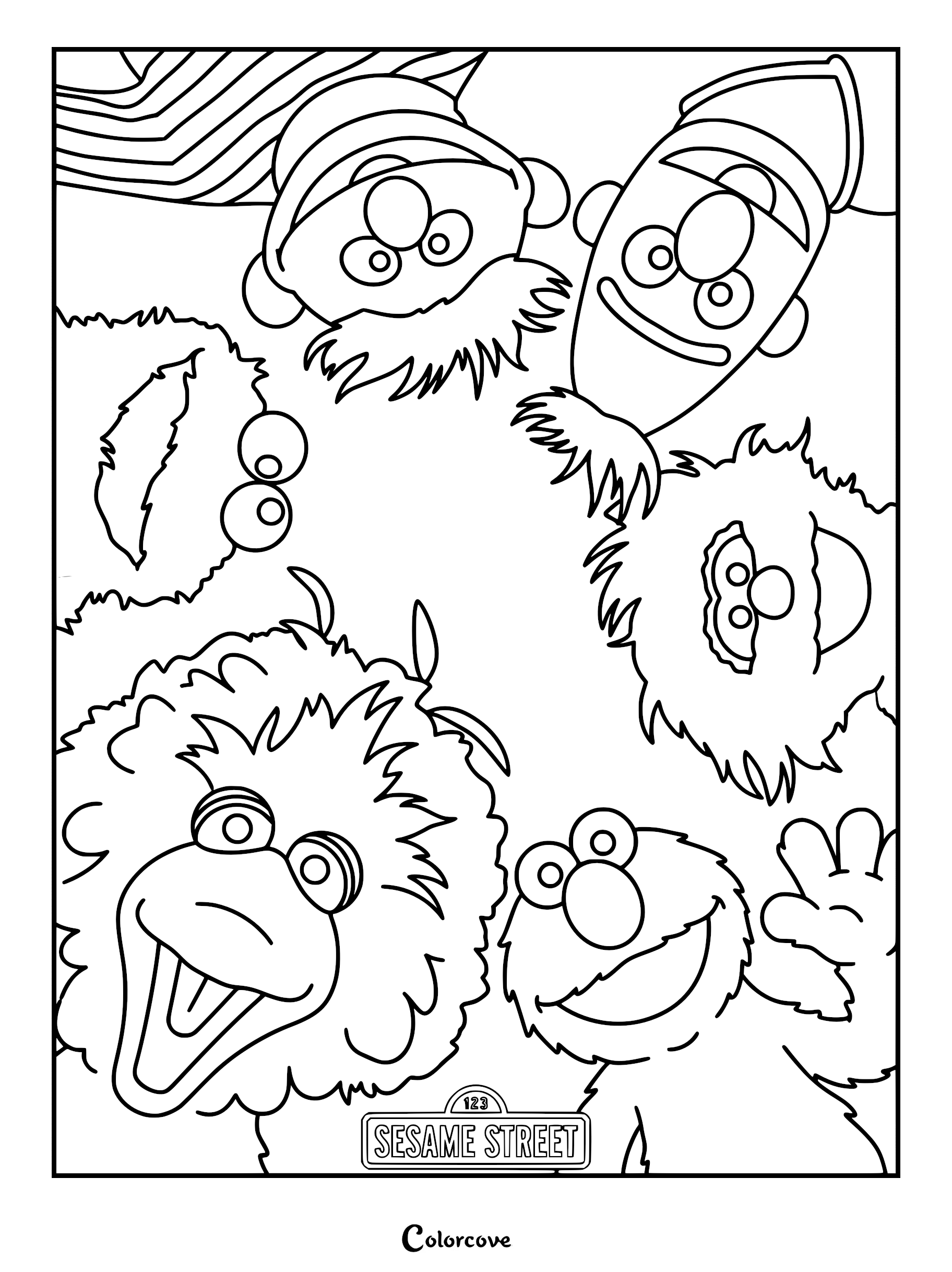 A printable coloring page featuring a top-down perspective of Elmo, Big Bird, Cookie Monster, Bert, Ernie, and Oscar the Grouch looking down together.