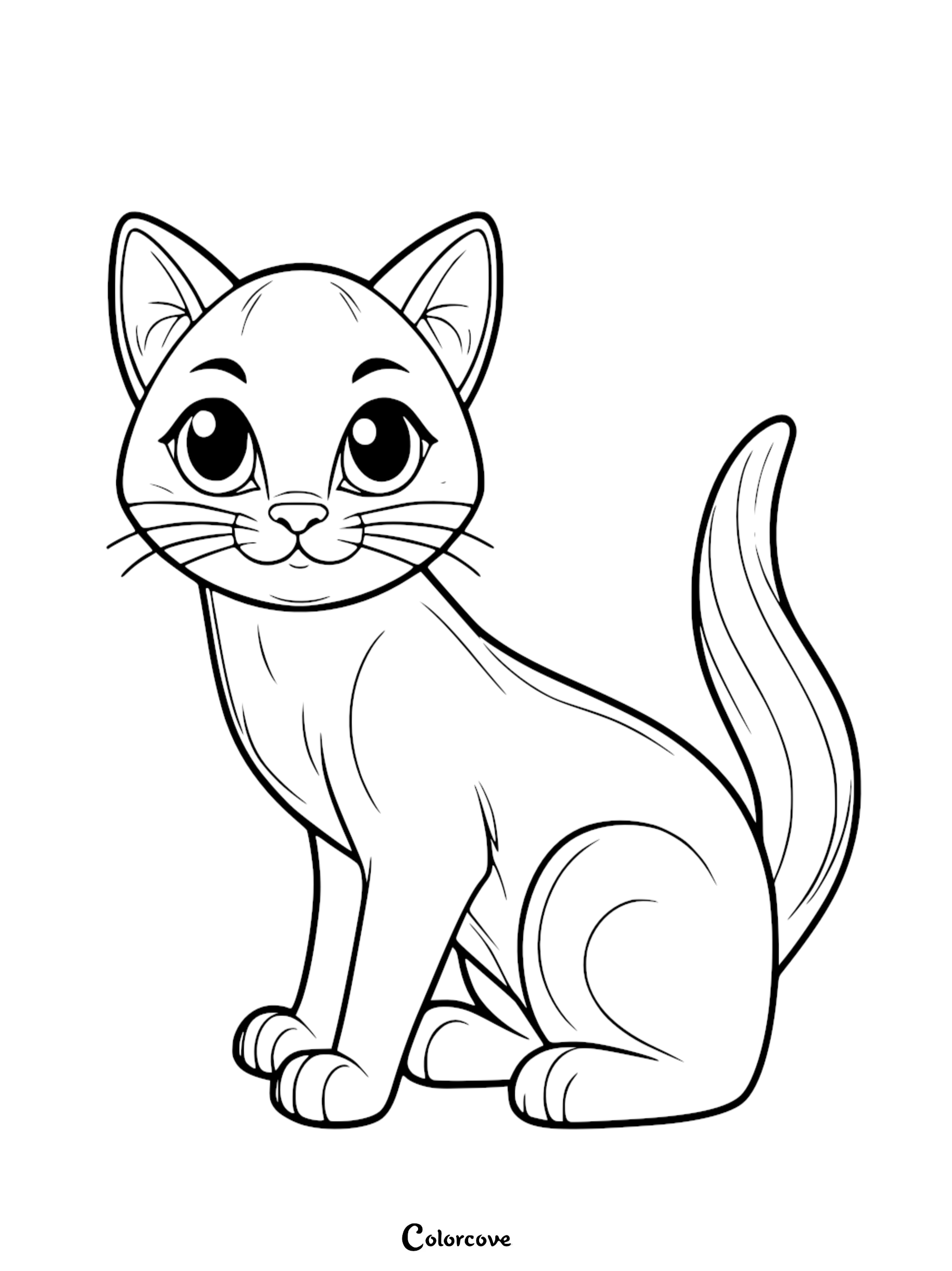 Cute kitten coloring page for kids, featuring a sitting cat with big eyes and a cheerful expression. Perfect for children's activities.