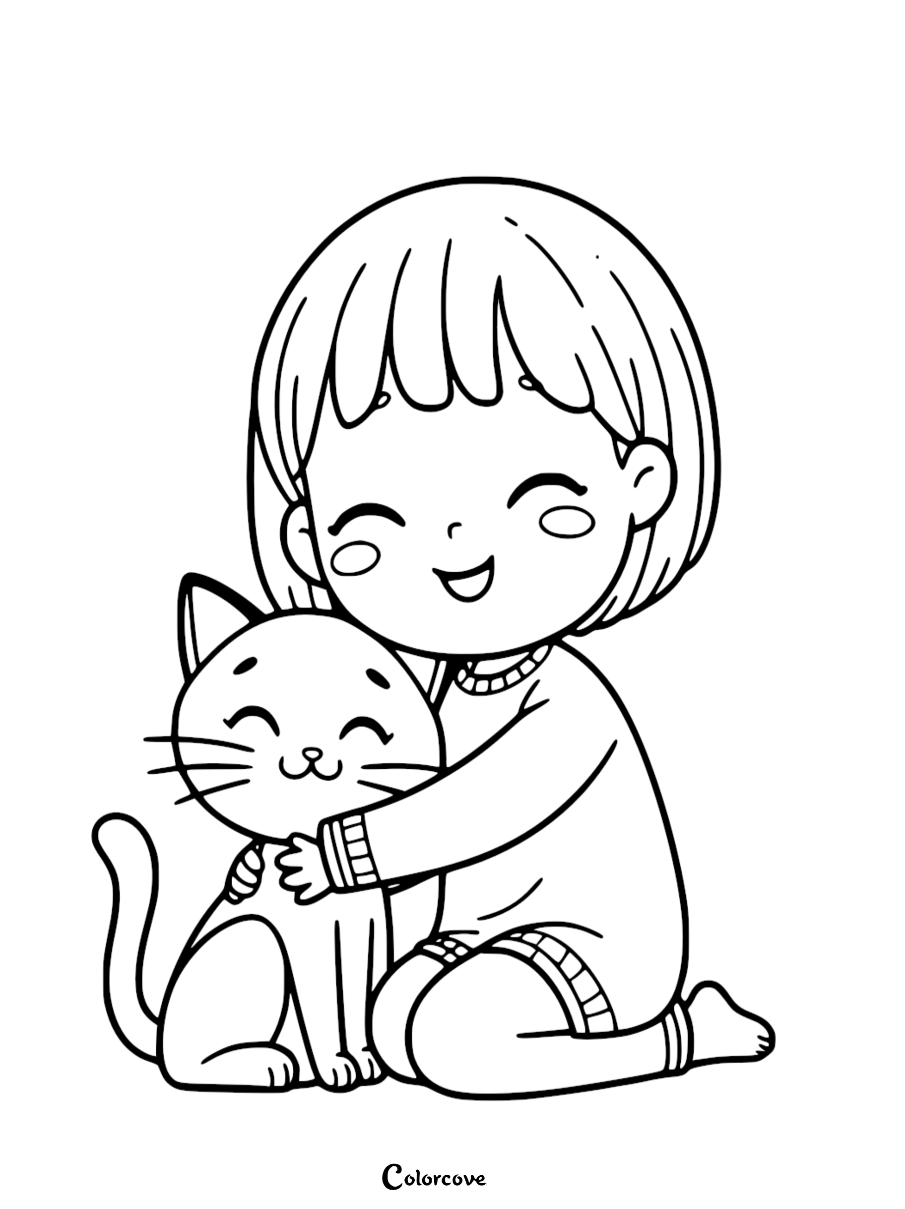 Child hugging a smiling cat, coloring page. Cute kid and happy cat outline drawing for kids' coloring activities.