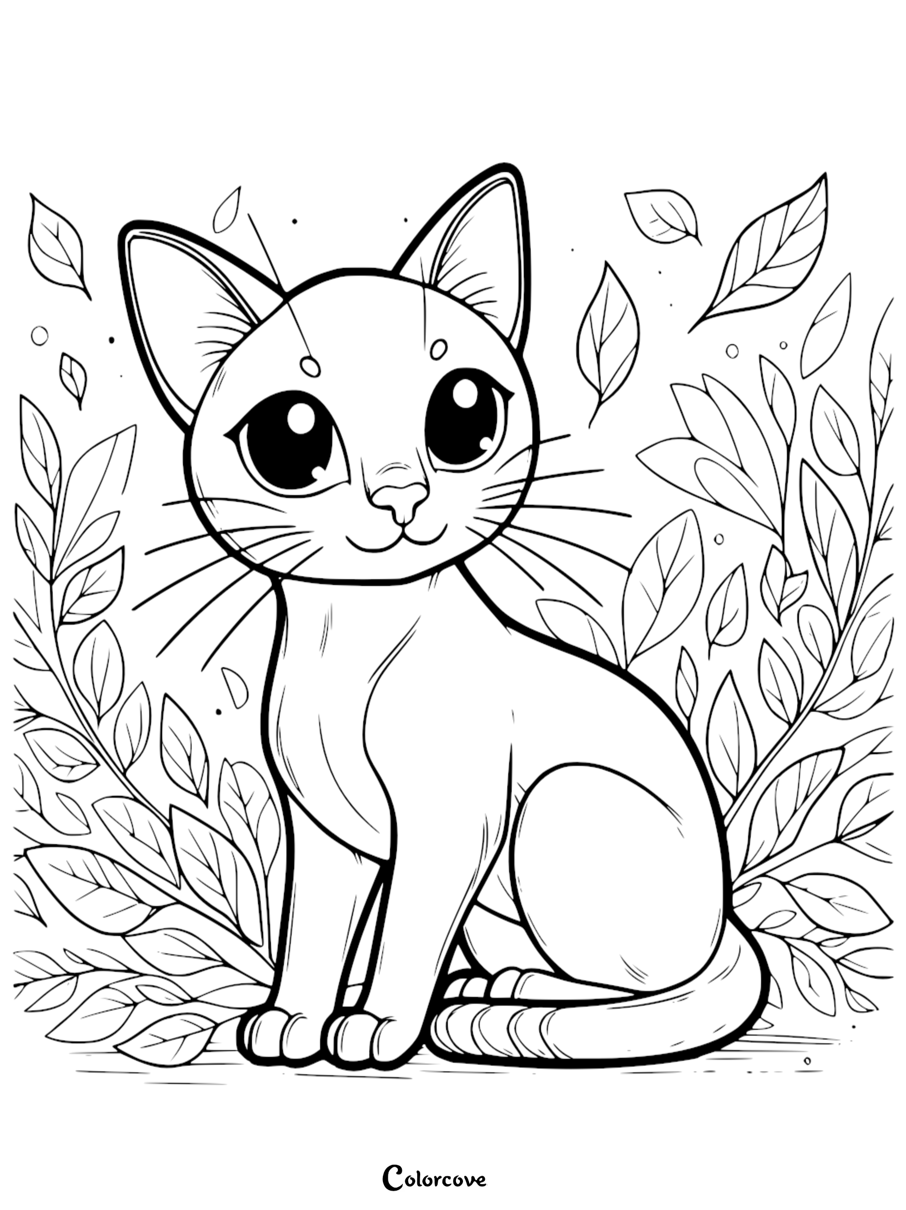 Cat coloring page with big eyes and leaves in the background from Color Cove.