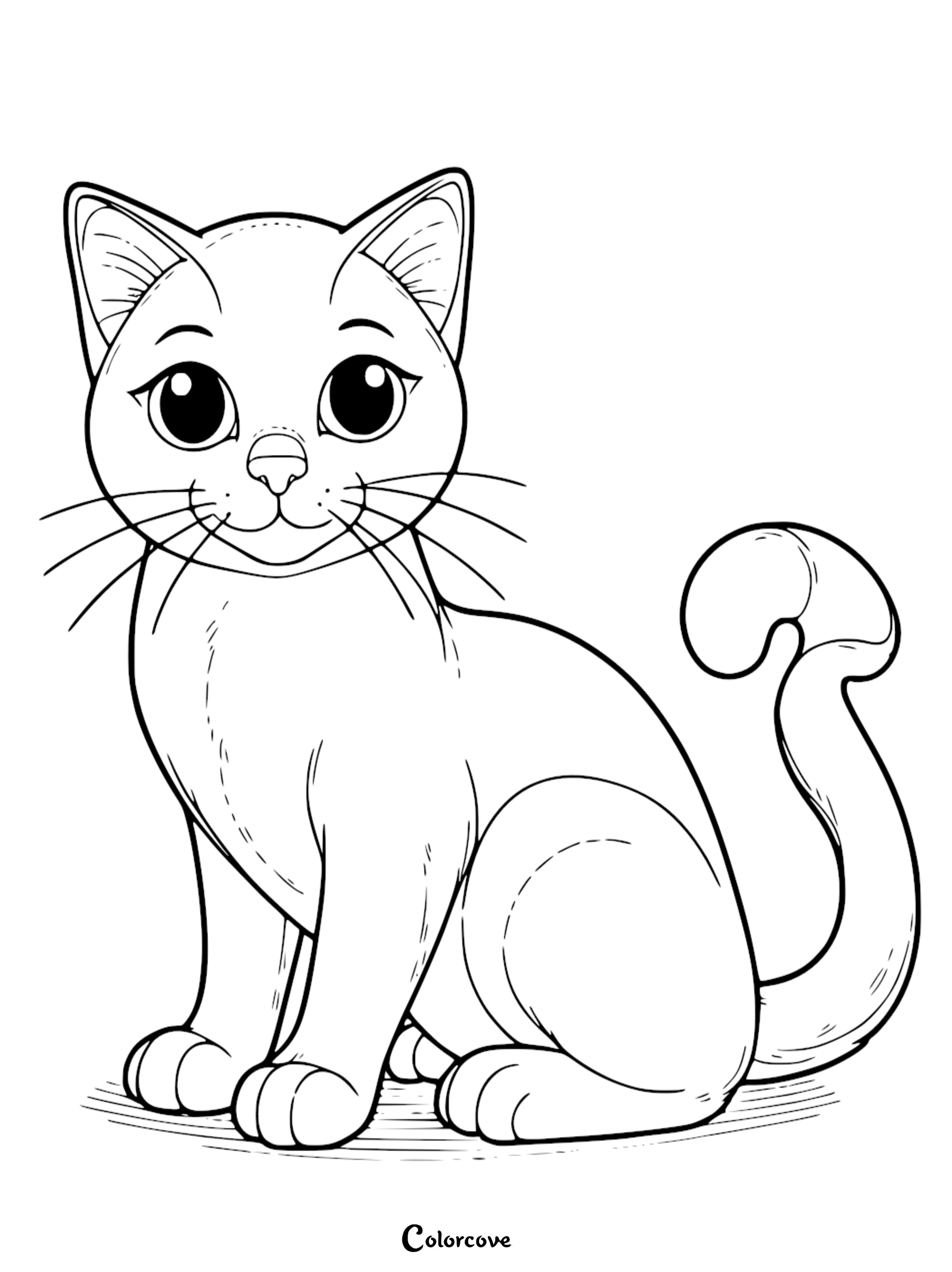 Cute cat coloring page for kids featuring a sitting cat with big eyes and a curly tail. Fun printable activity.
