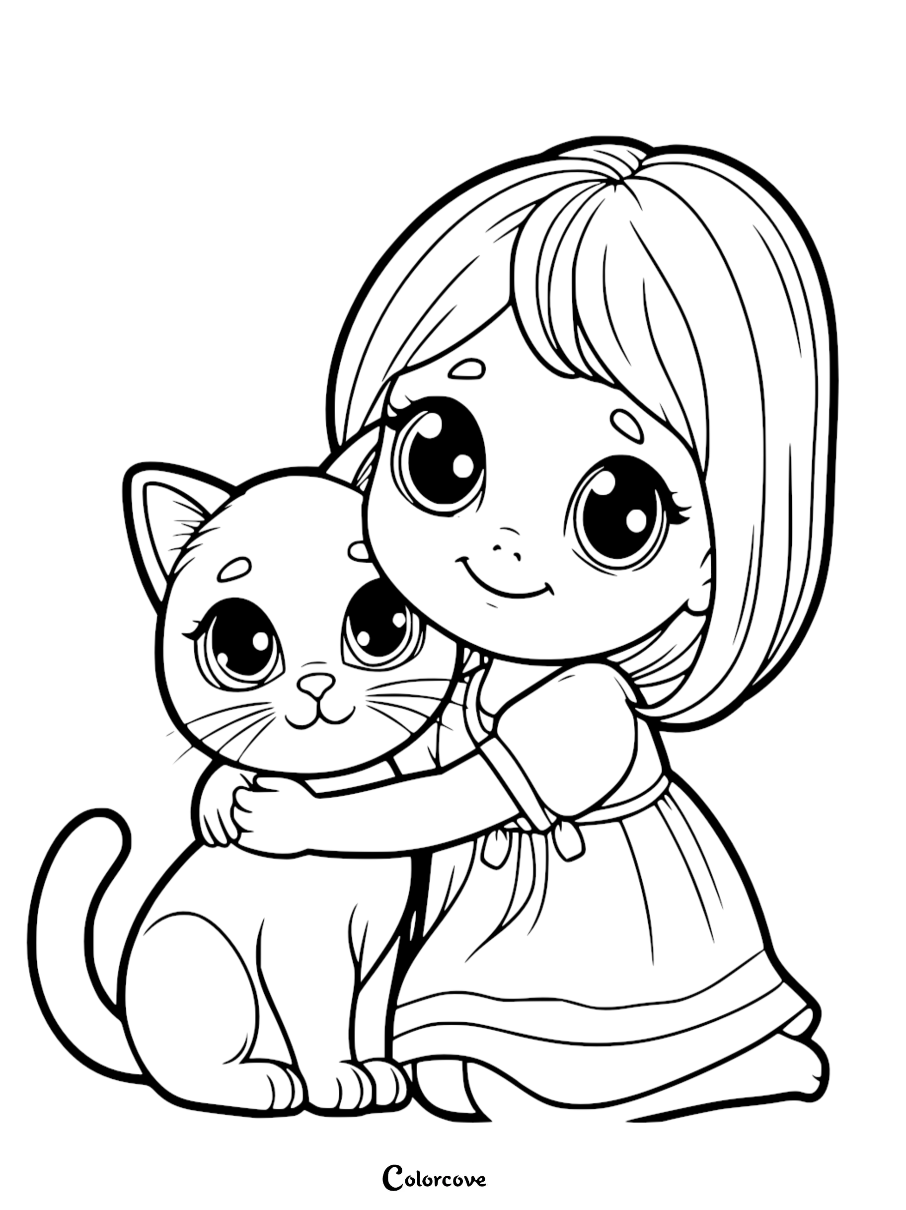 Cute coloring page of a girl hugging a cat, both with big eyes. Perfect for kids' activities and adorable crafts.