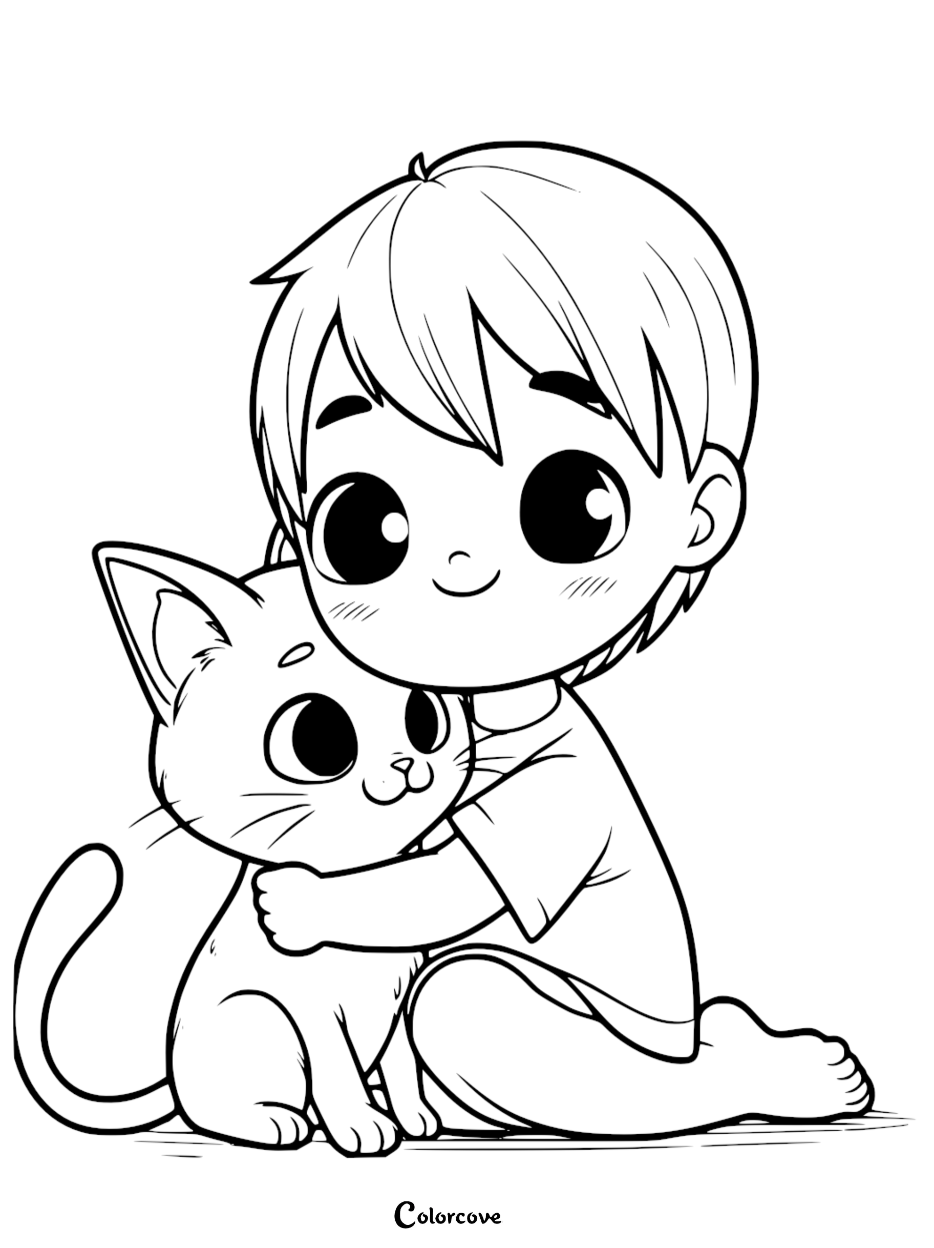 Boy hugging a cute kitten coloring page | Printable kids' coloring sheet | Adorable cartoon boy and cat | Color Cove