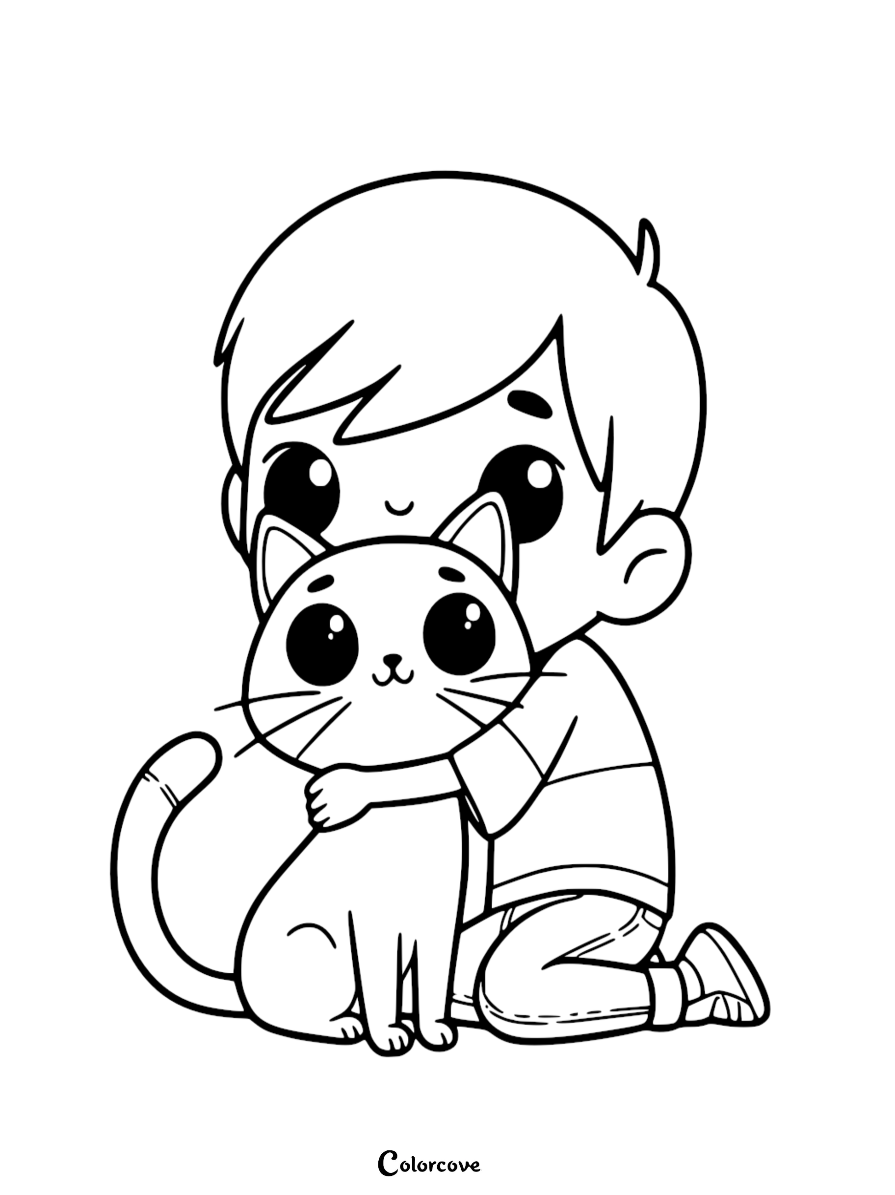 Cute kid hugging a cat coloring page | Adorable child with pet cat illustration for coloring.