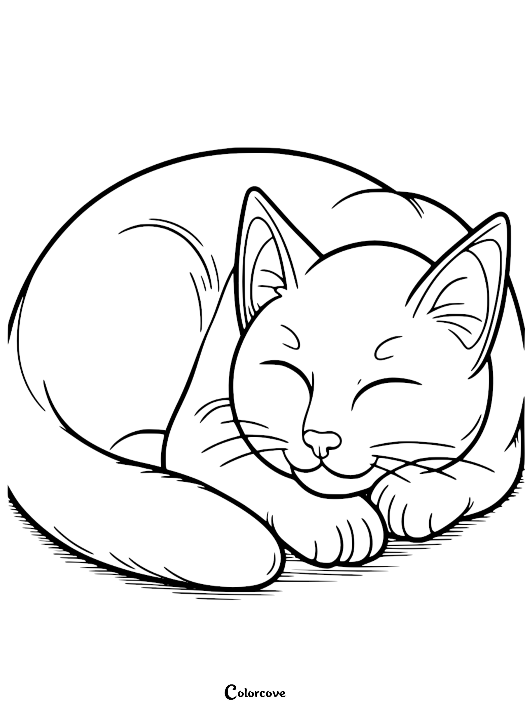 Cat coloring page featuring a peaceful sleeping cat. Printable kitten drawing for kids and adults to color.