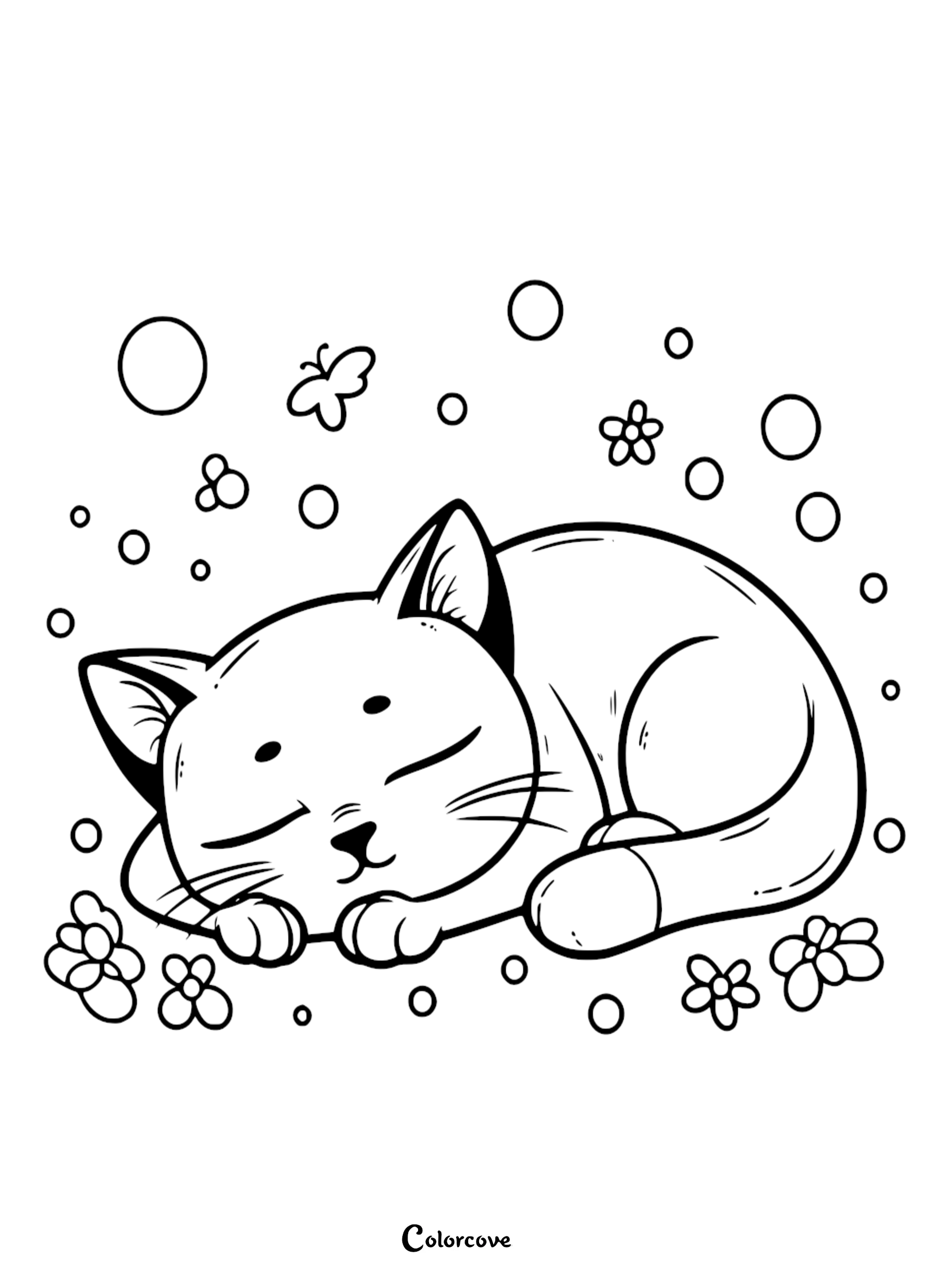 Coloring page of a cute sleeping cat surrounded by flowers and bubbles. Ideal for kids' art and relaxation activities.