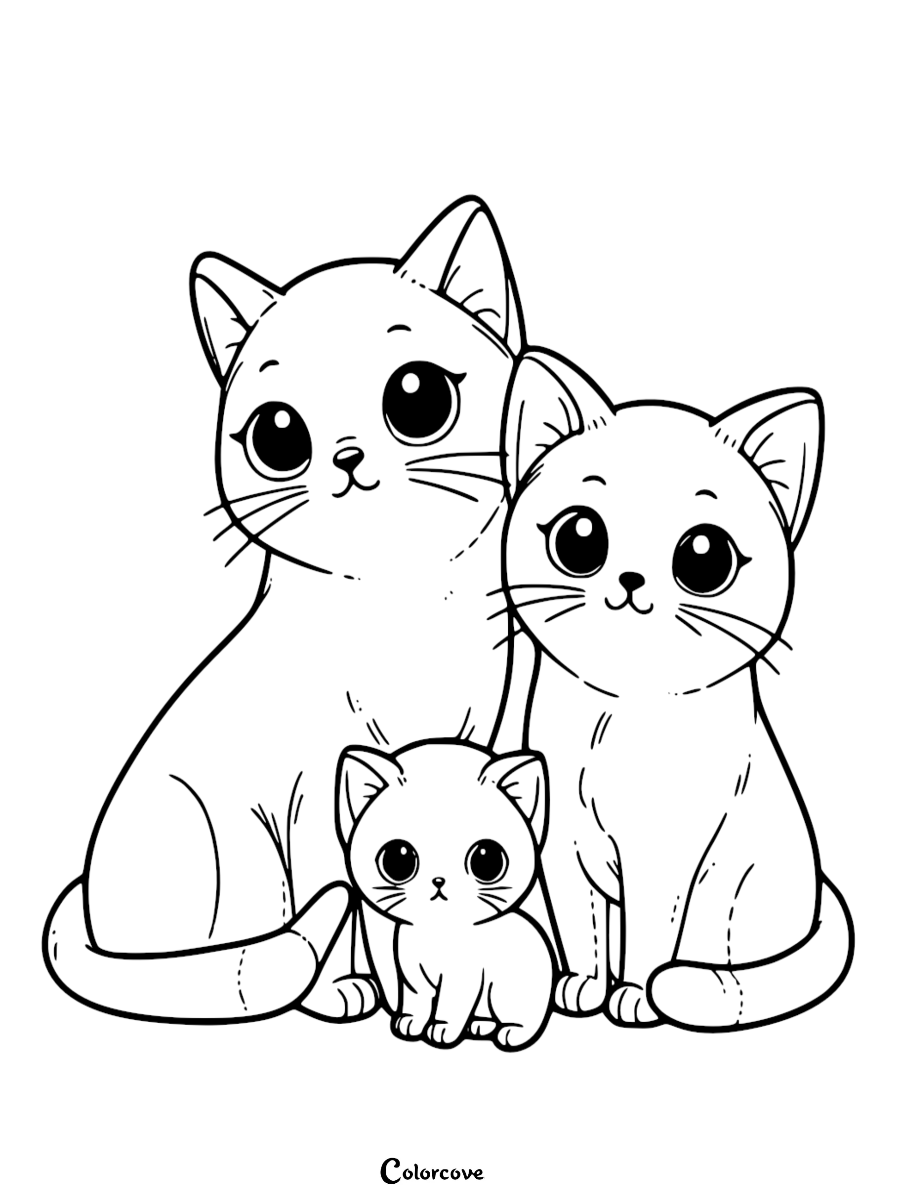 Cute cat family coloring page with adult cats and a kitten, perfect for kids and animal lovers. Printable activity.