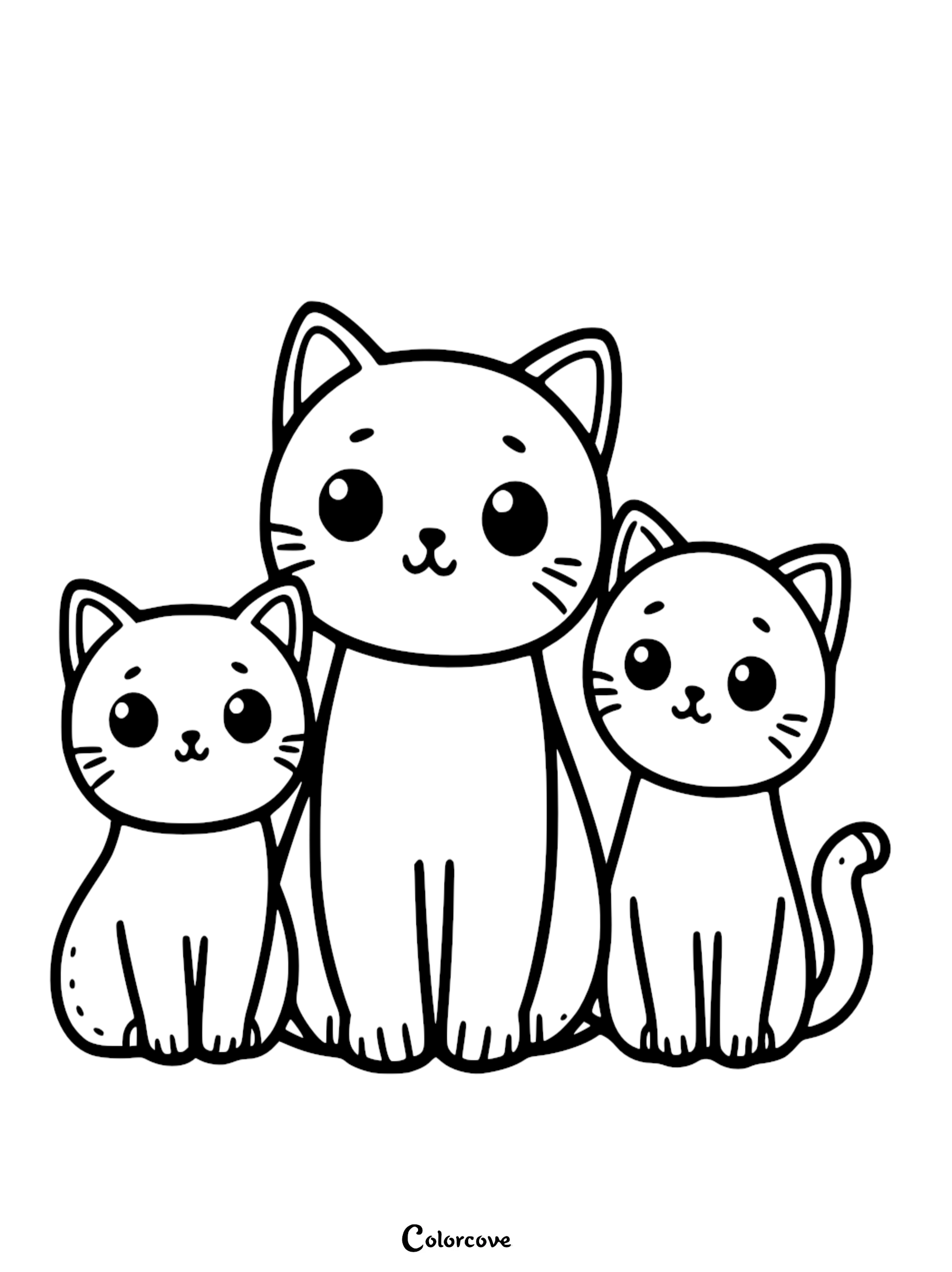 Three adorable kittens sitting side by side, black and white coloring page from ColorCove, perfect for kids and cat lovers.