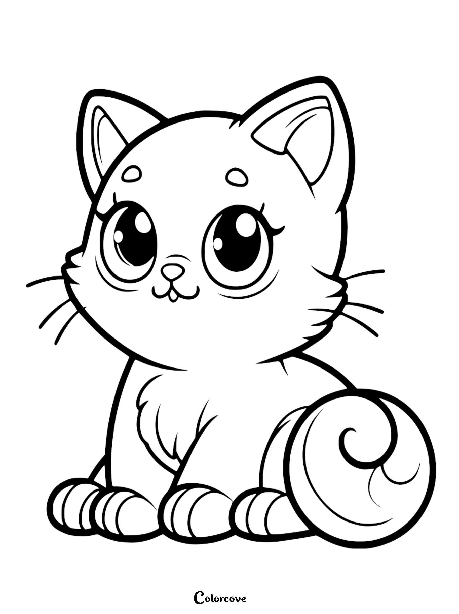 Adorable kitten coloring page for kids, featuring a cute, big-eyed cat with an expressive face and curled tail.