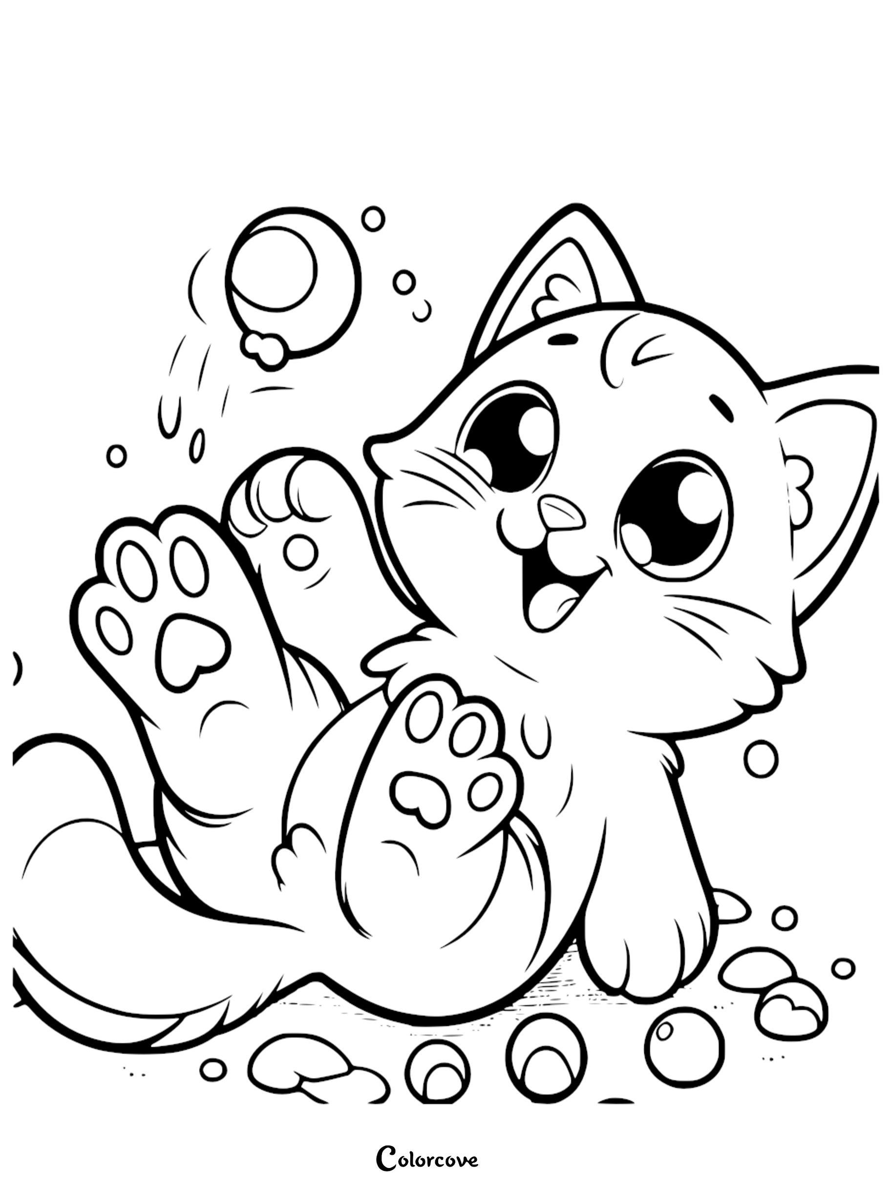 Cute kitten coloring page with playful bubbles, perfect for kids' fun activities and art projects from Color Cove.