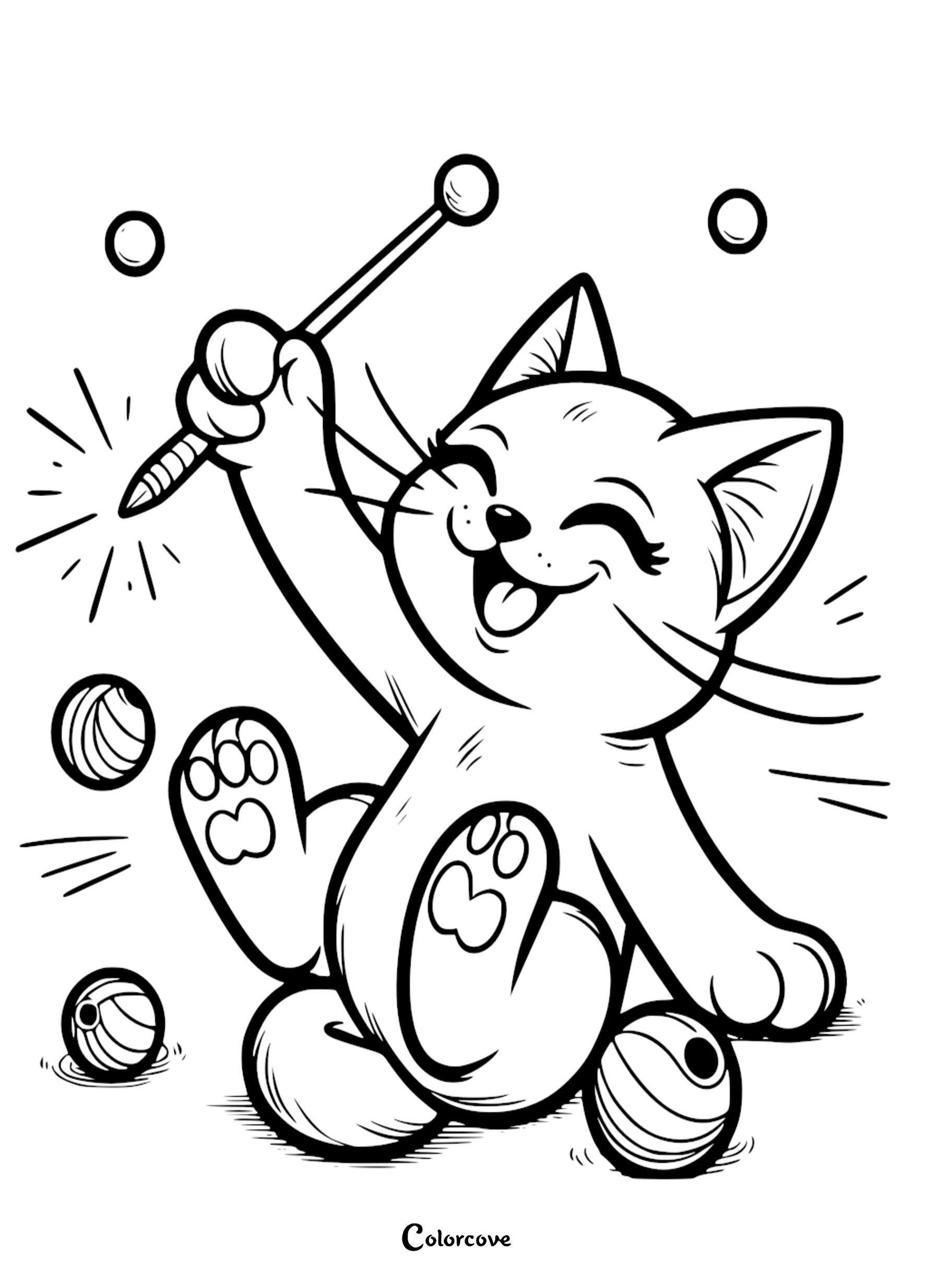 Happy kitten playing with yarn balls and a knitting needle coloring page. Perfect for kids' art activities.