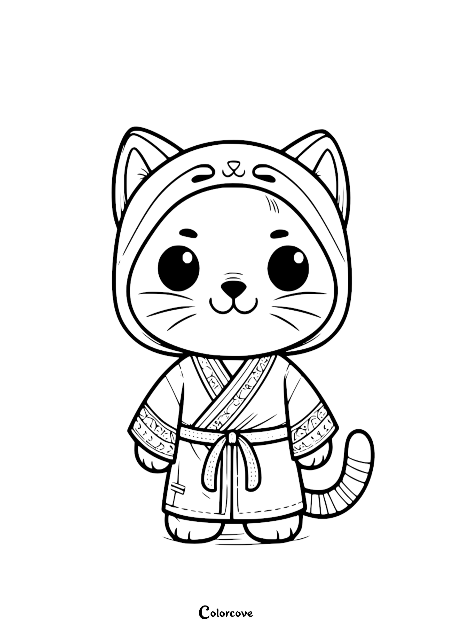 Adorable cat in traditional outfit coloring page for kids, Printable cute feline coloring sheet, Fun activity for children.