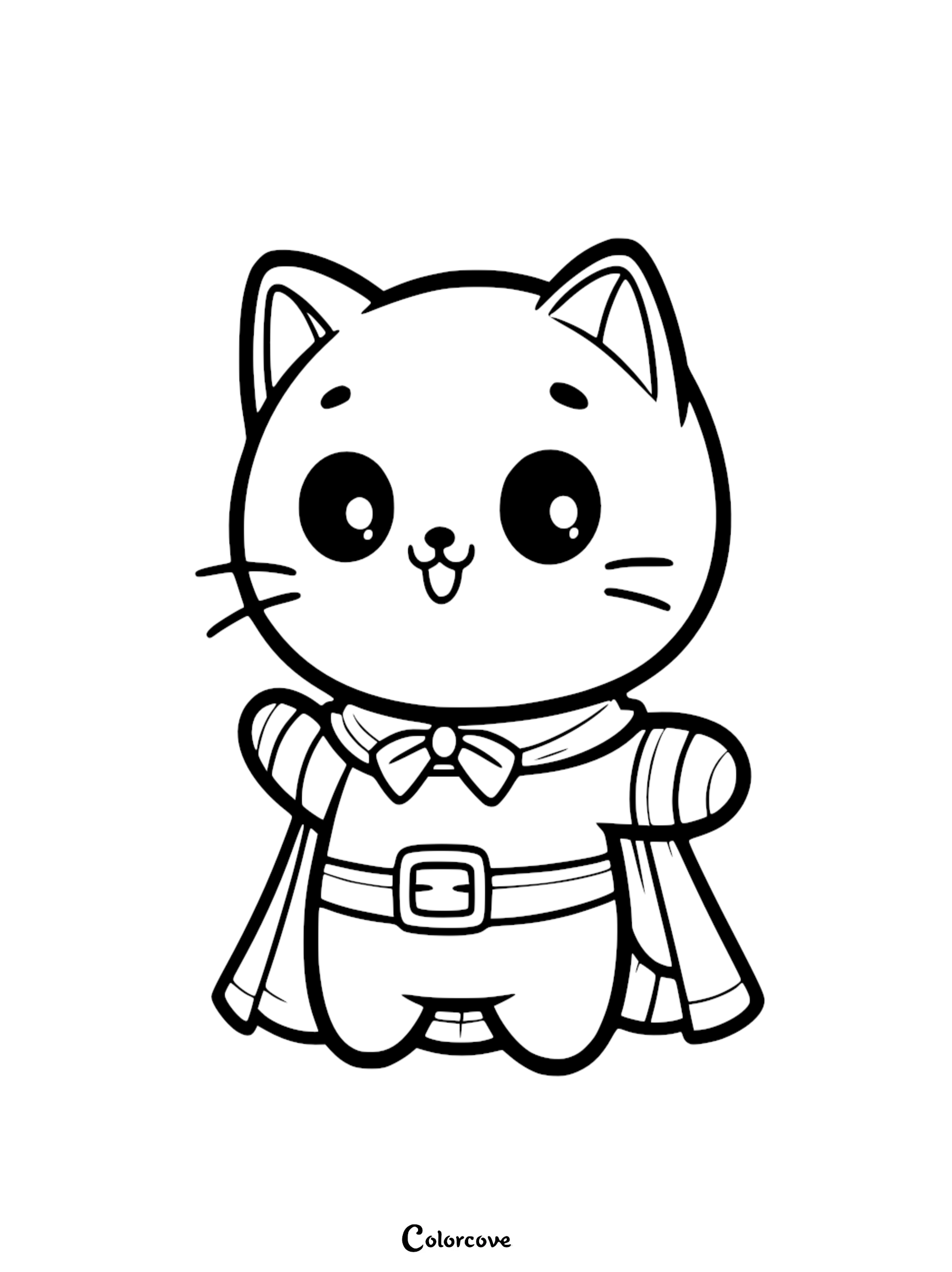 Adorable superhero cat coloring page with cape and belt, perfect for kids to color and enjoy. Download and print.