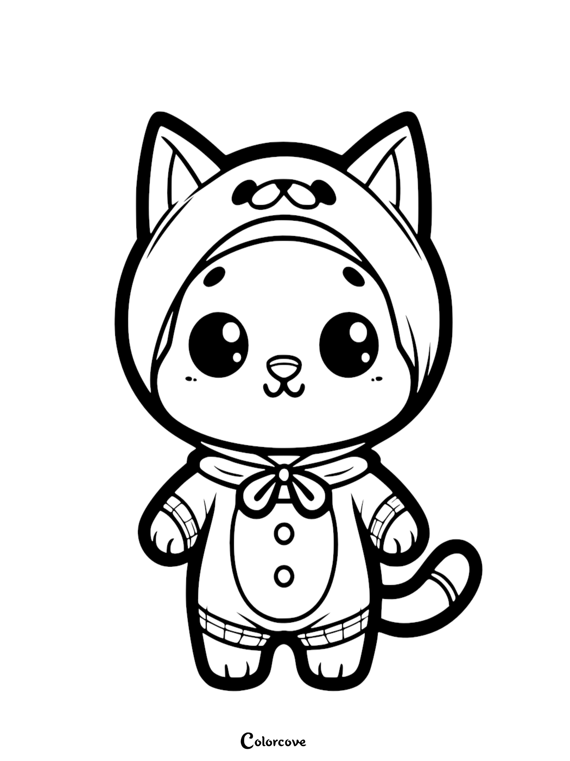 Cute cat coloring page for kids featuring a kitten in an adorable costume. Printable and fun activity for children.