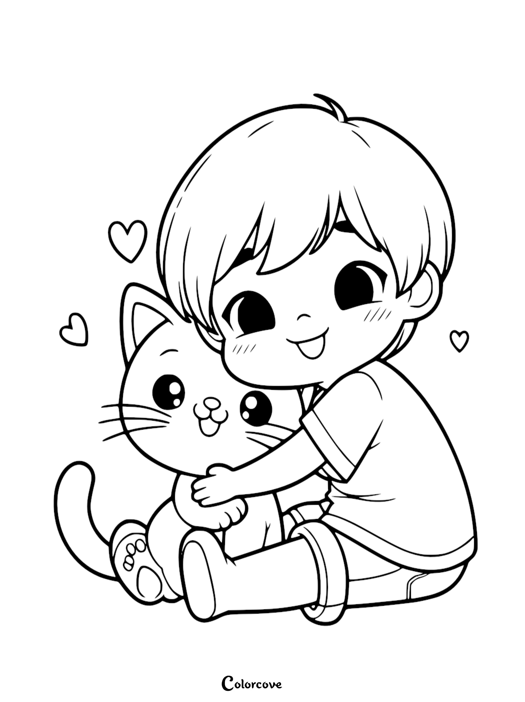 Cute Coloring Page of a Boy Hugging a Cat, Perfect for Kids' Fun and Creativity. Adorable Cat and Child Illustration.
