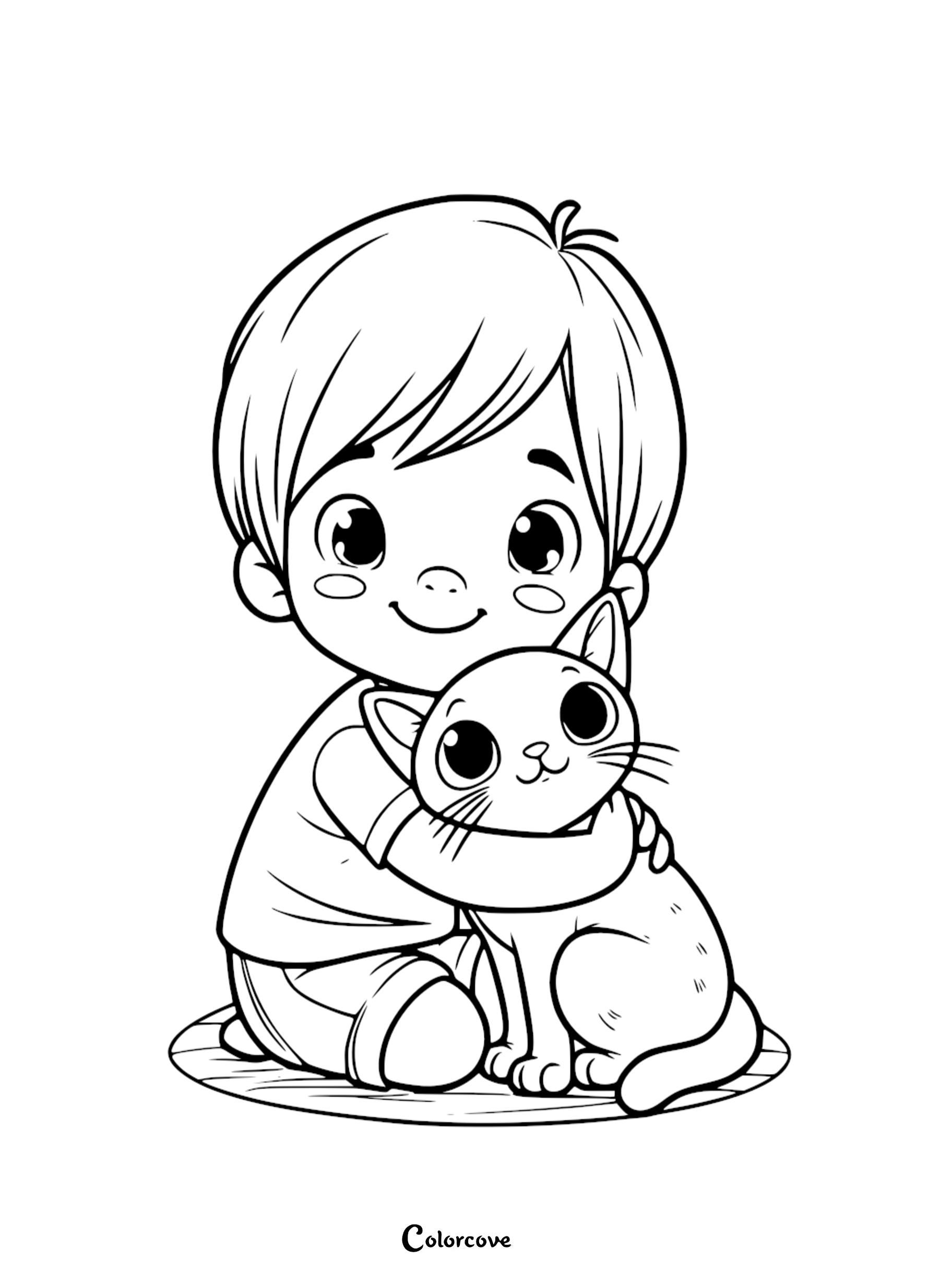Cute child hugging a kitten coloring page. Fun and adorable coloring activity for kids. Download and print free at Color Cove.