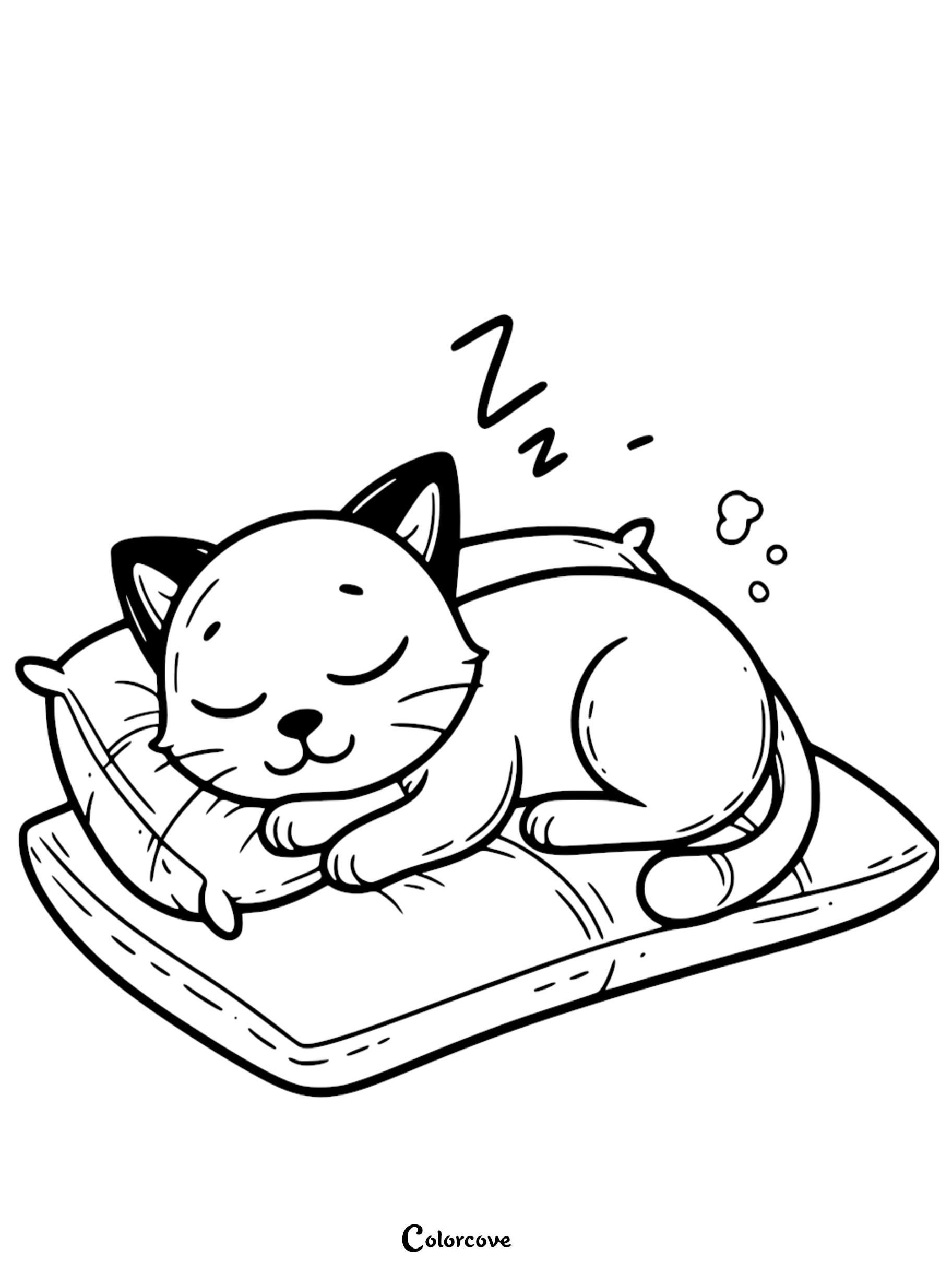 Coloring page of a cute kitten sleeping on a pillow, perfect for kids' relaxation and creativity. Printable cat coloring sheet.