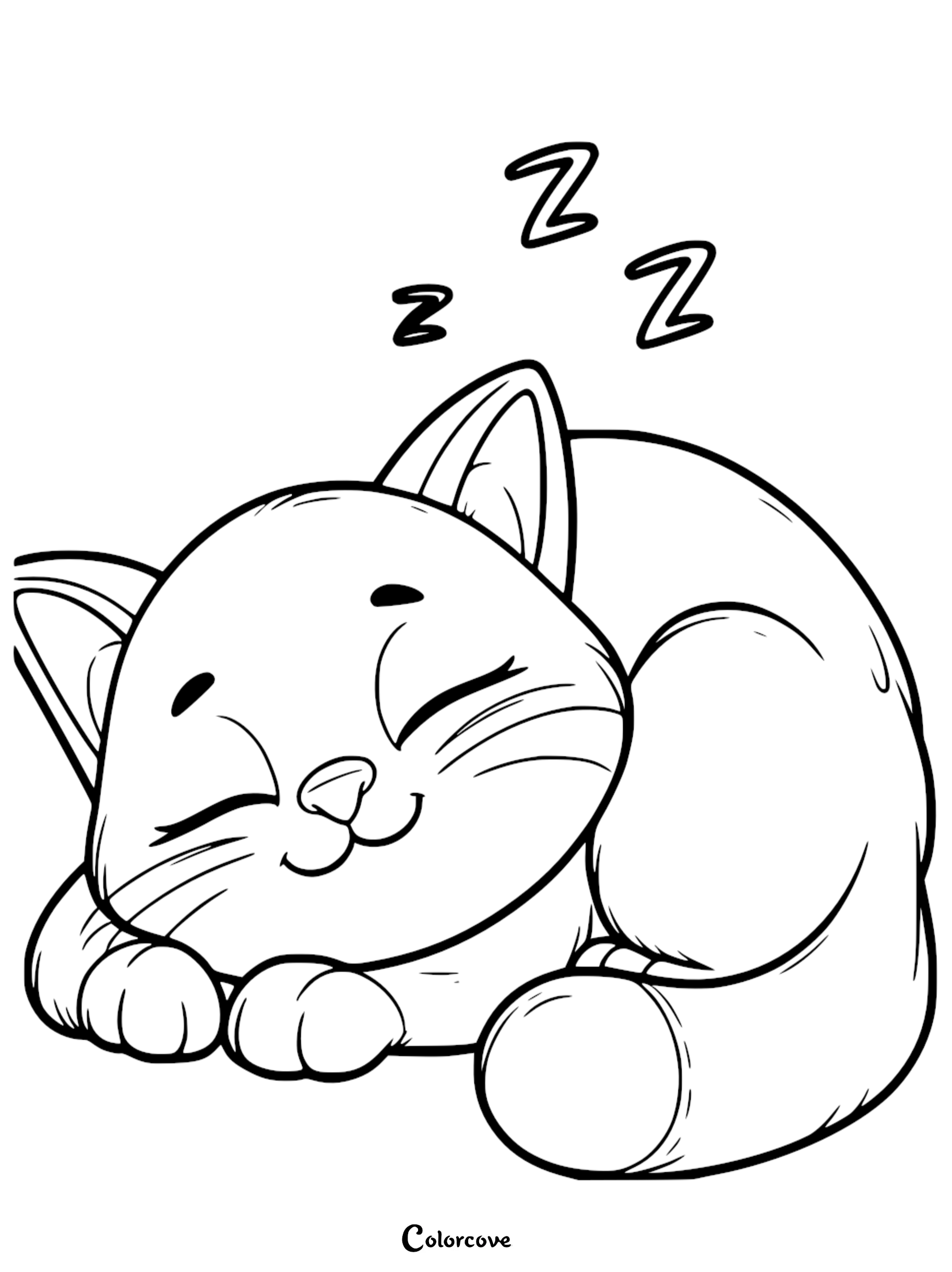 Cute sleeping cat coloring page for kids with a smiling cat and three Z's above its head.