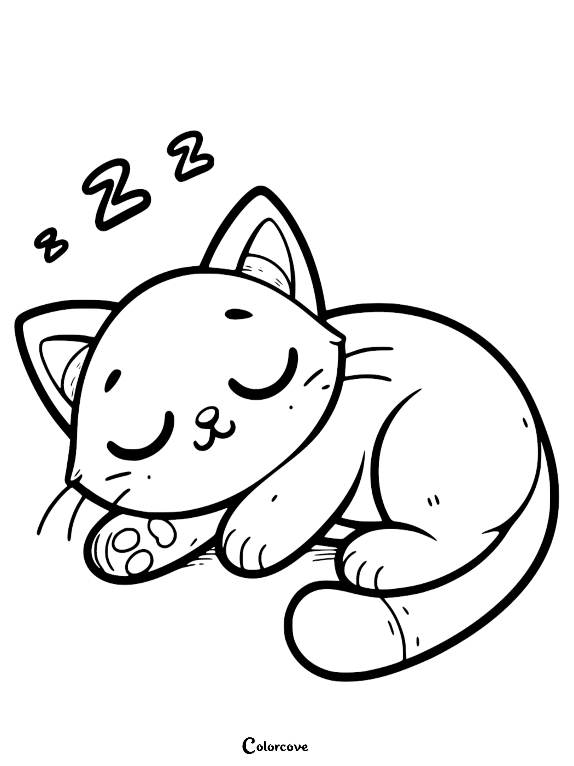 Adorable sleeping cat coloring page, printable for kids. Cute kitten with closed eyes, perfect for children to color.