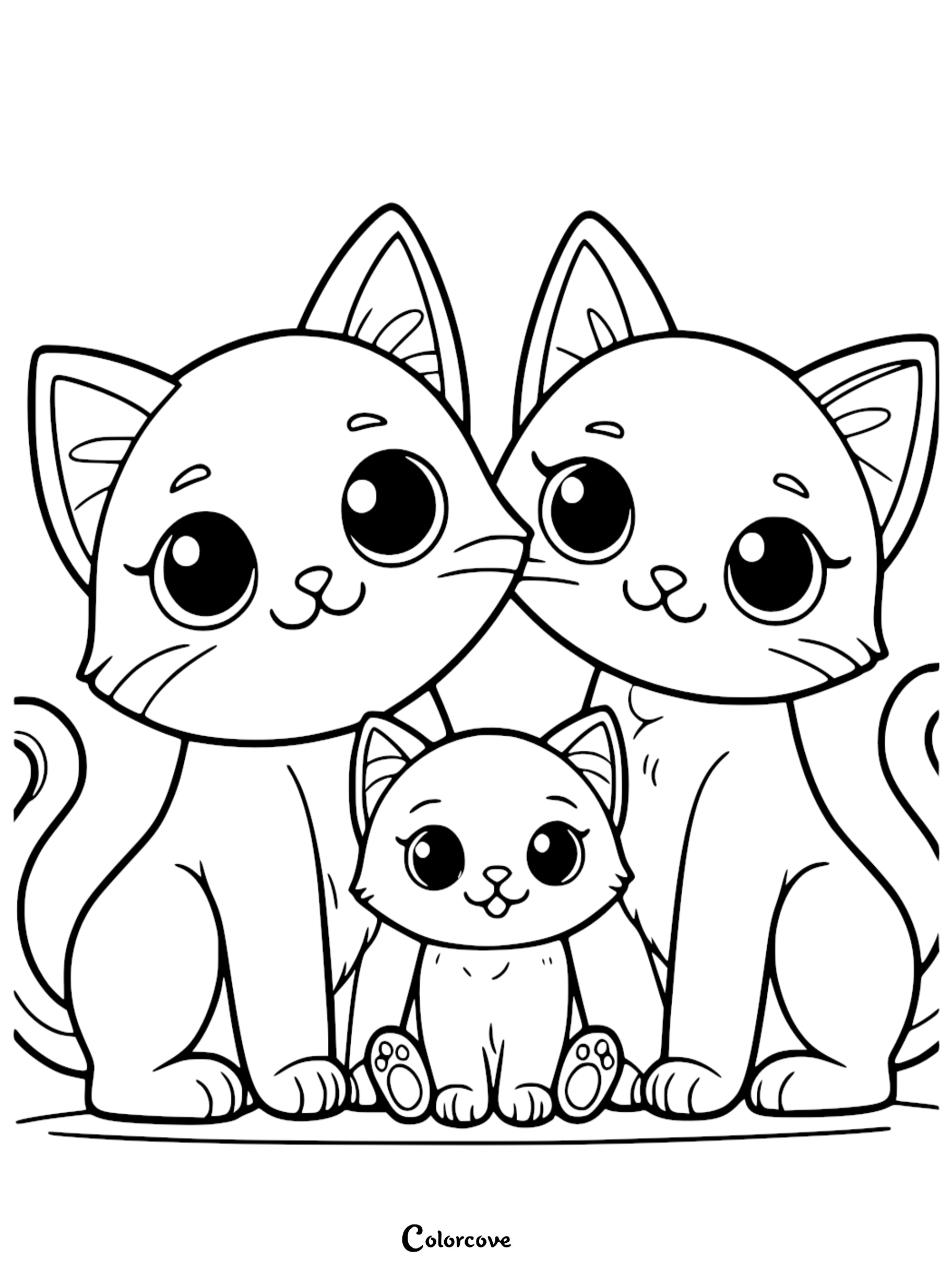 Cute Kittens Coloring Page - Family of Three Adorable Cats for Kids to Color and Enjoy - Free Printable Download