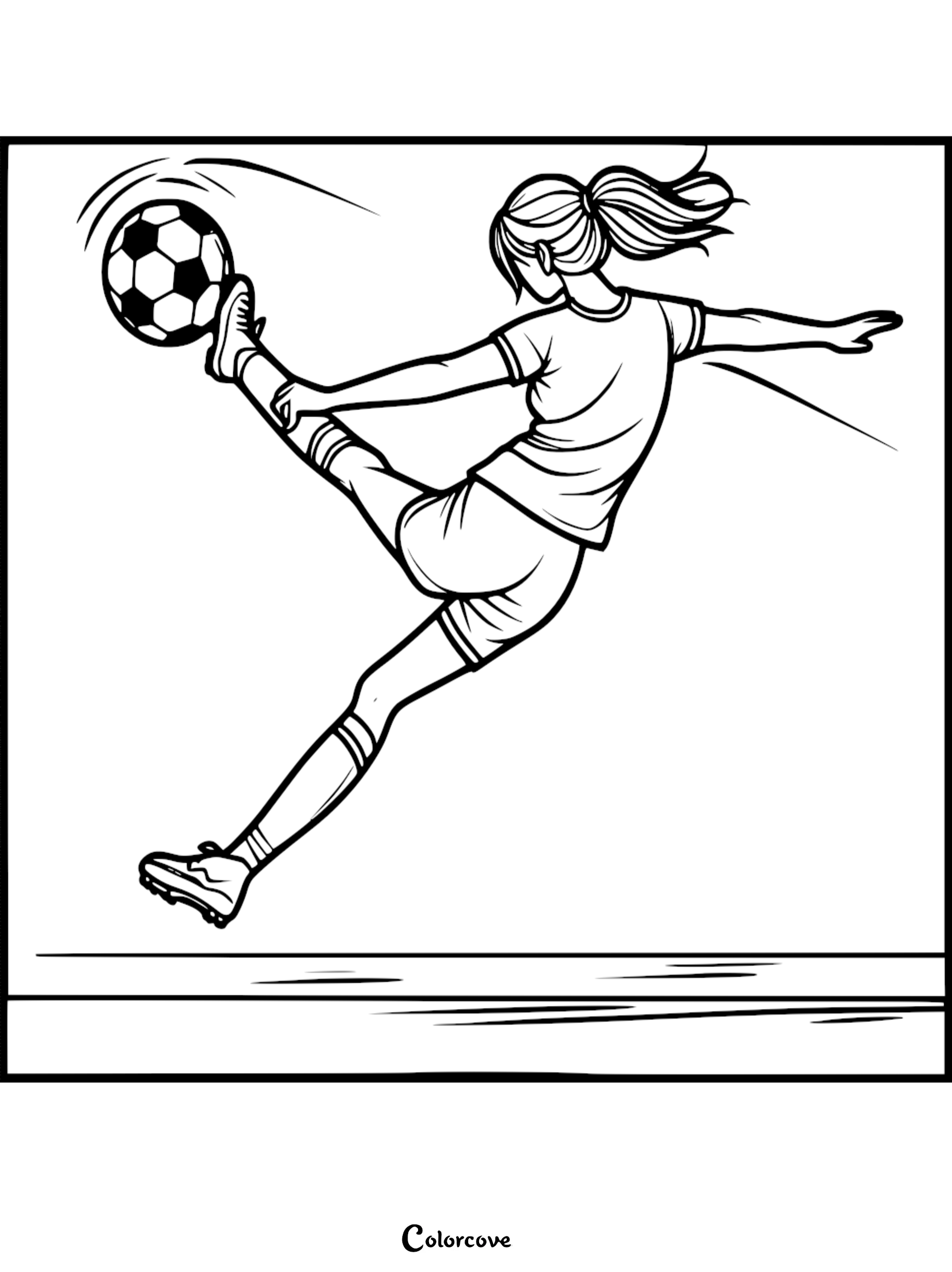 A female soccer player with a ponytail performing a high kick to strike a soccer ball in this black and white coloring page.