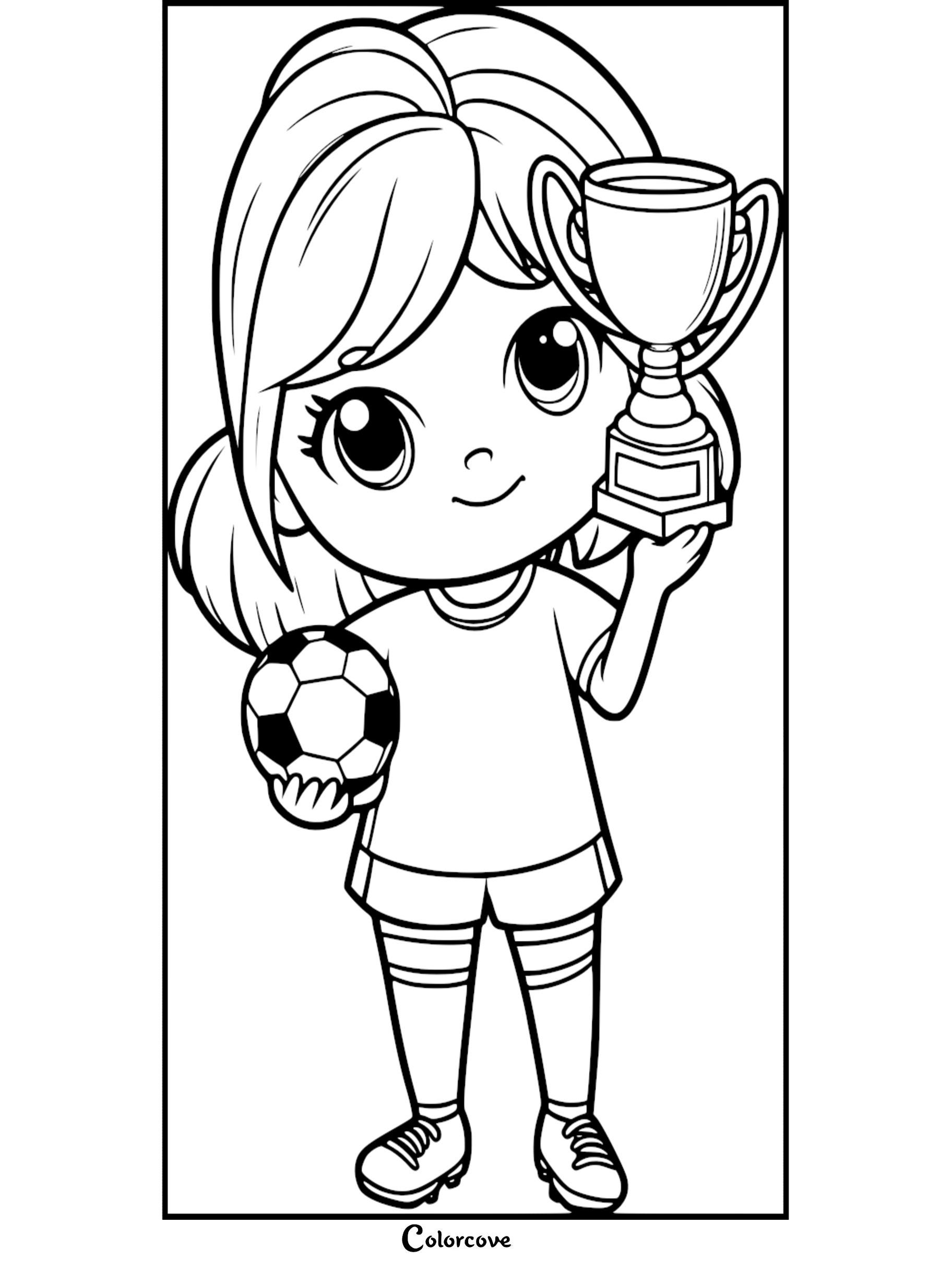 A cute girl soccer player holding a trophy and a soccer ball in this printable coloring page.