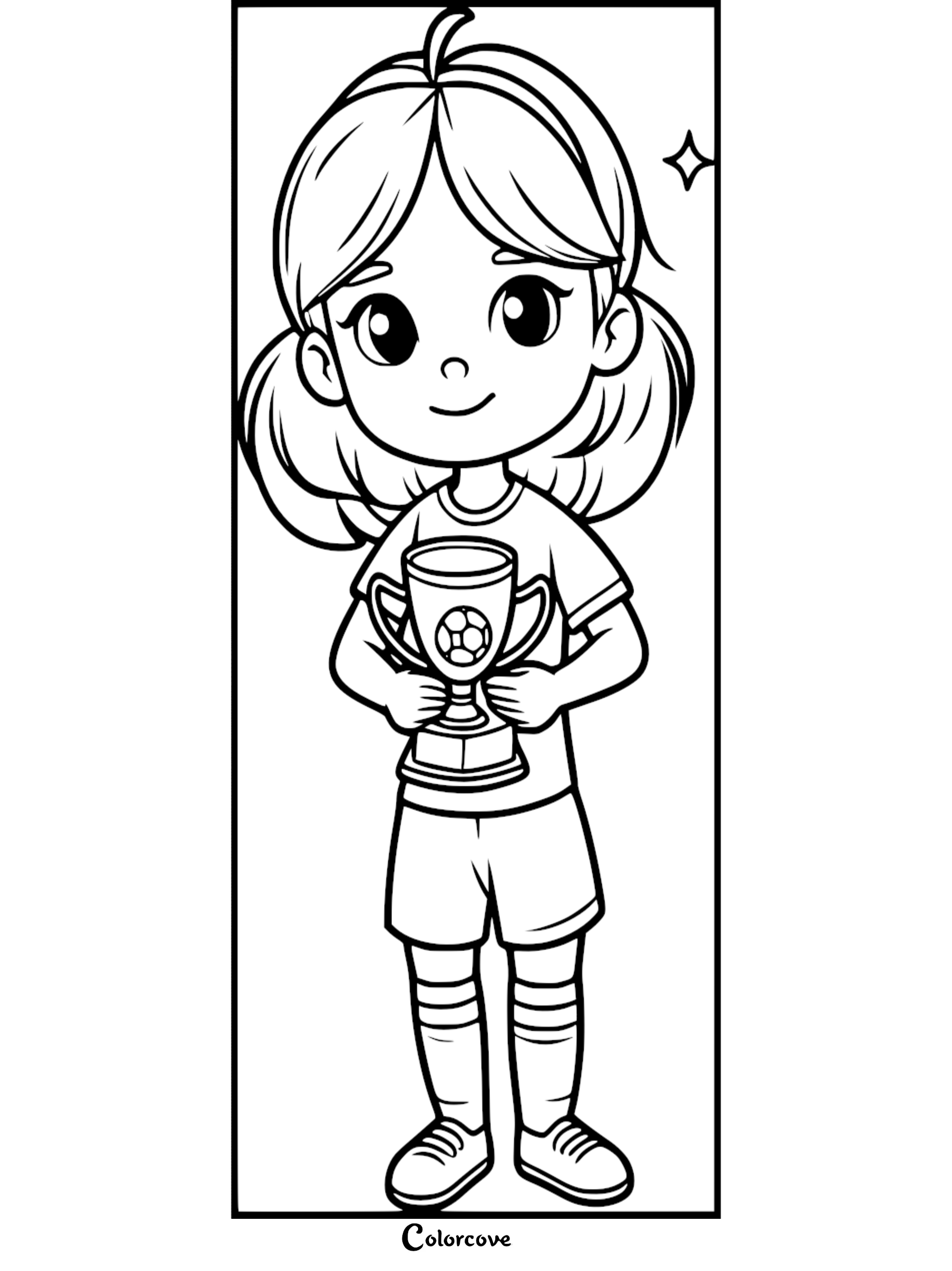 A cute girl with pigtails holding a soccer trophy in this printable coloring page for kids.