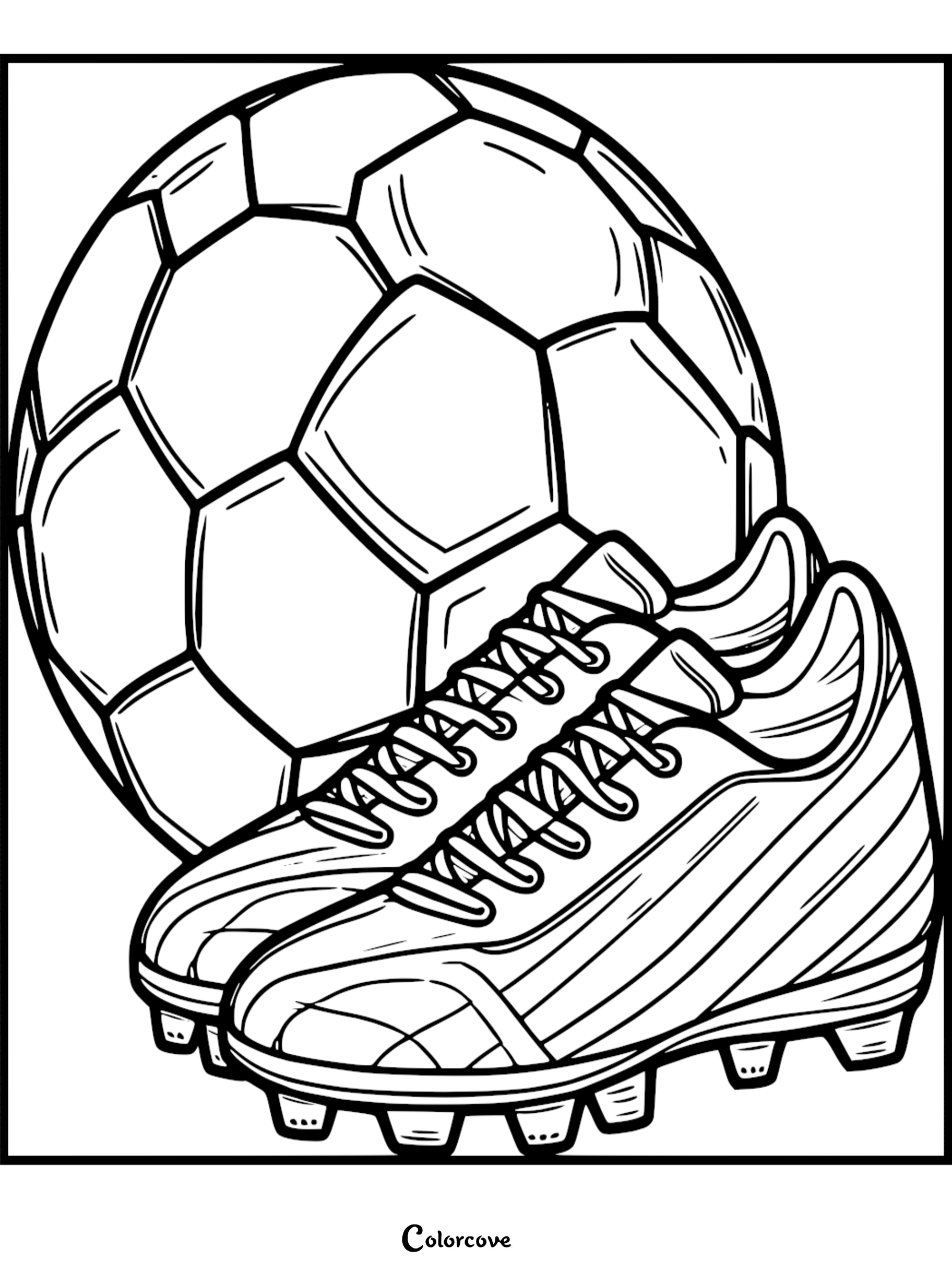A black and white coloring page featuring a large soccer ball positioned behind a pair of detailed soccer cleats with visible laces and studs.