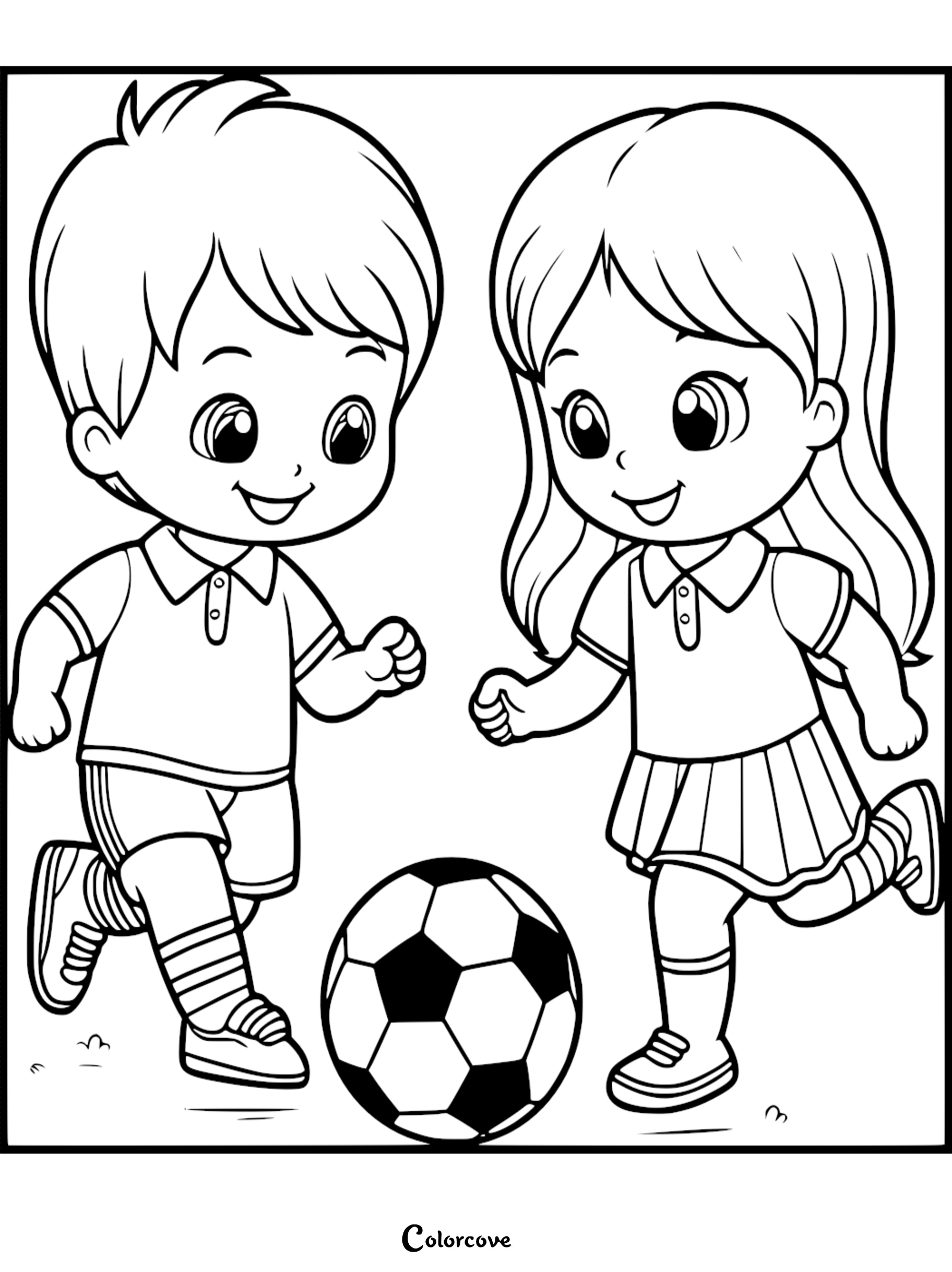 A boy and a girl in school uniforms playing with a soccer ball, line art coloring page.