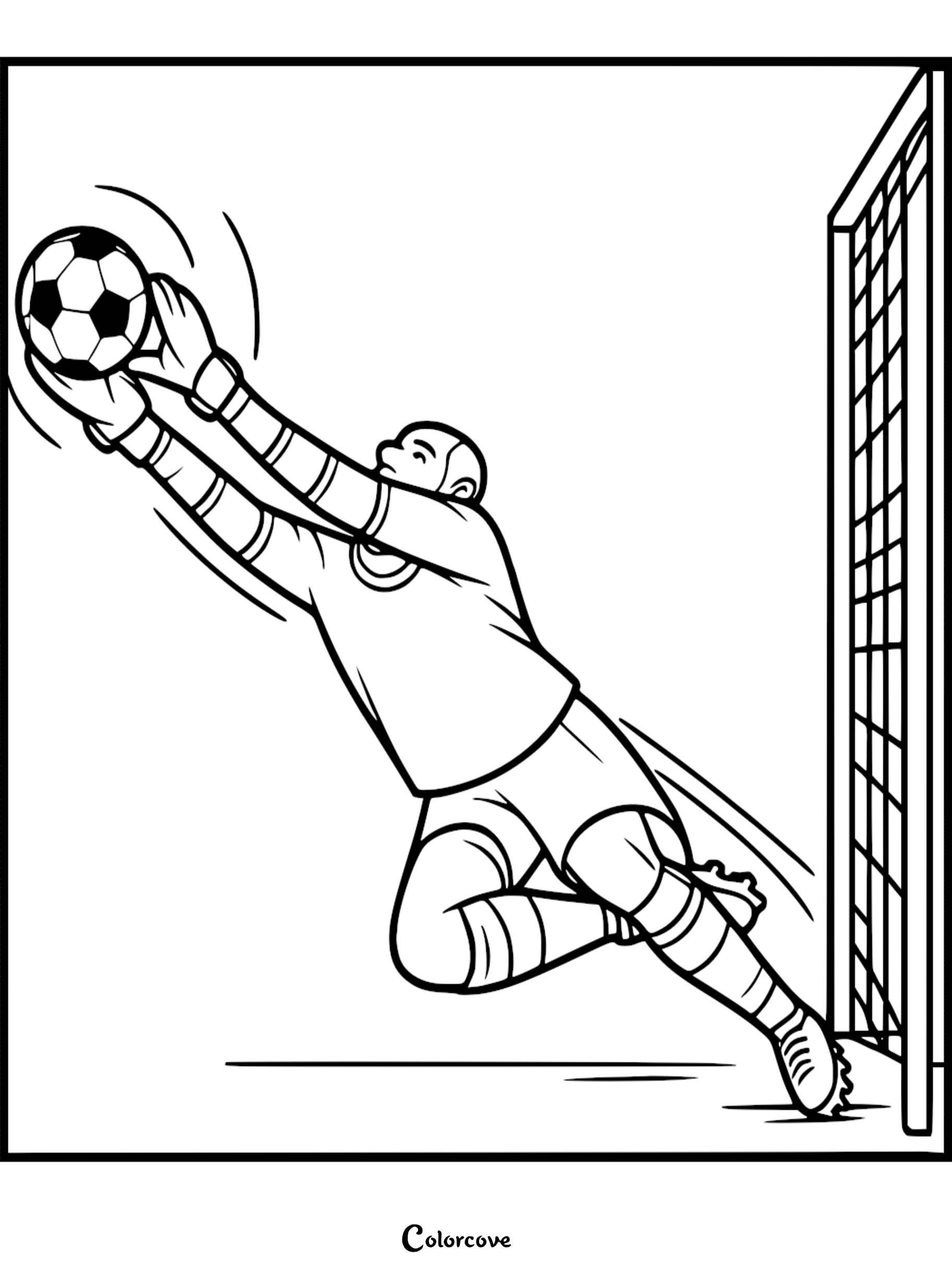 A soccer goalkeeper diving to catch a ball in front of the net in this printable coloring page.