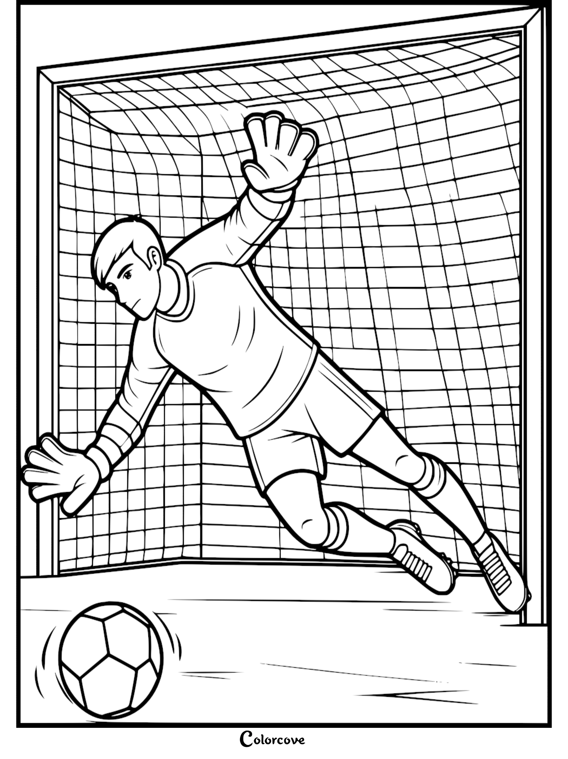 A soccer goalkeeper diving to block a ball in front of the net in this printable coloring page.