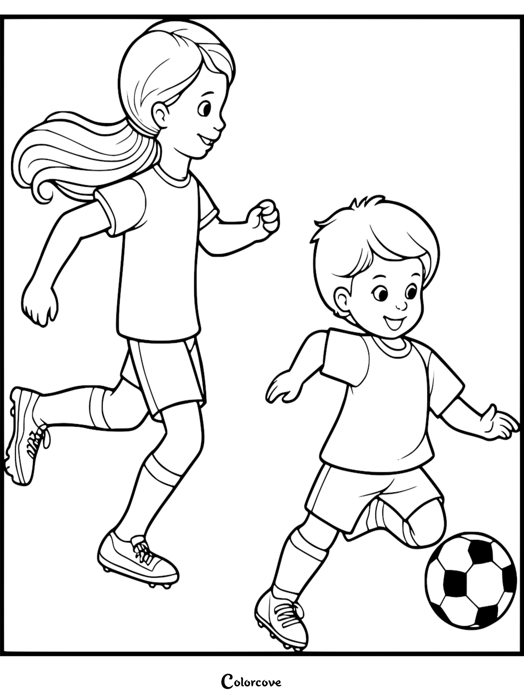 A girl with a ponytail and a boy running together on a soccer field in this printable coloring page.