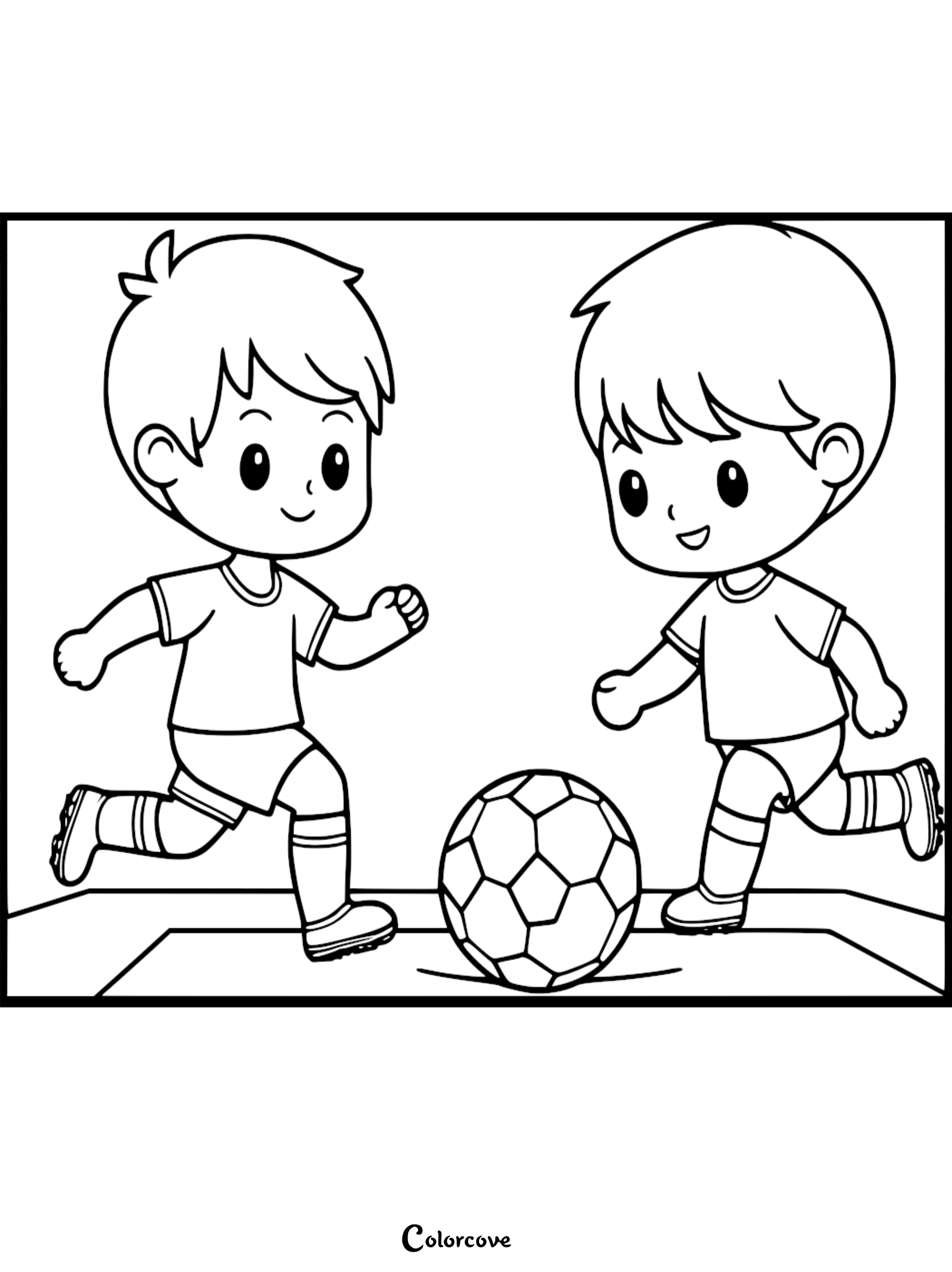 Two young boys in soccer uniforms running toward a soccer ball in this printable coloring page.