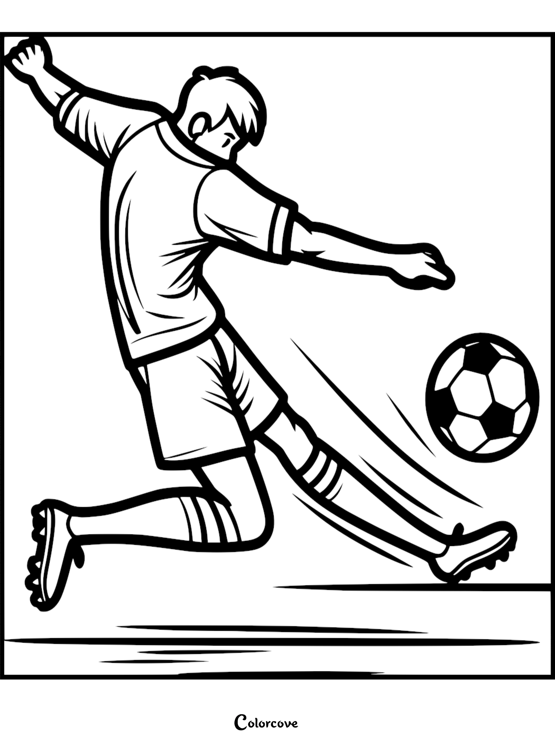 A black and white coloring page featuring a soccer player in mid-air performing a powerful kick on a soccer ball.