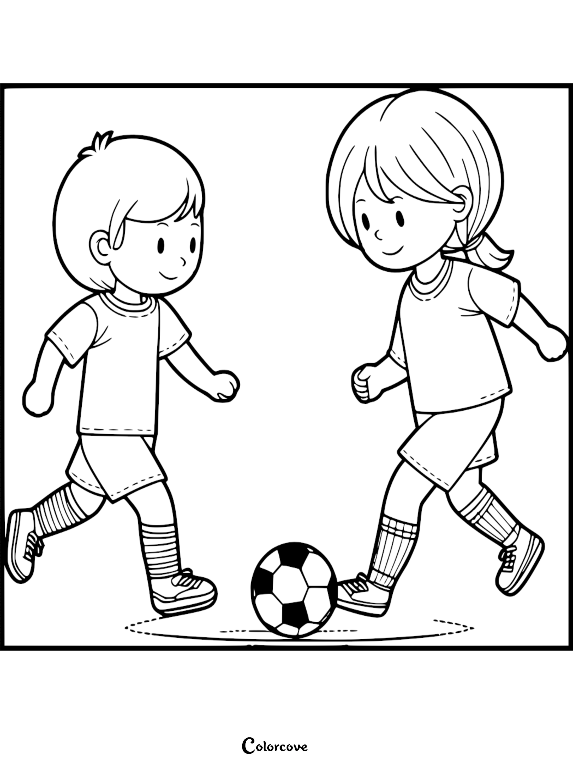 A boy and a girl in athletic uniforms dribbling a soccer ball in this printable coloring page.