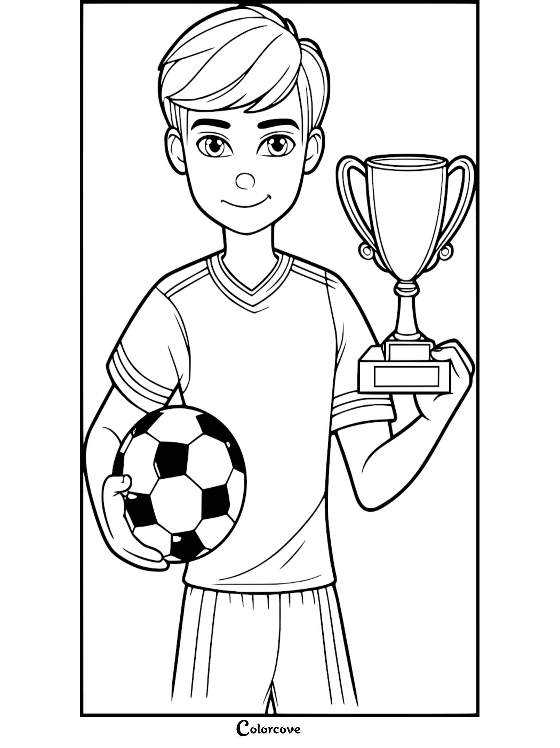 A young soccer player holding a trophy and a soccer ball in this printable coloring page.