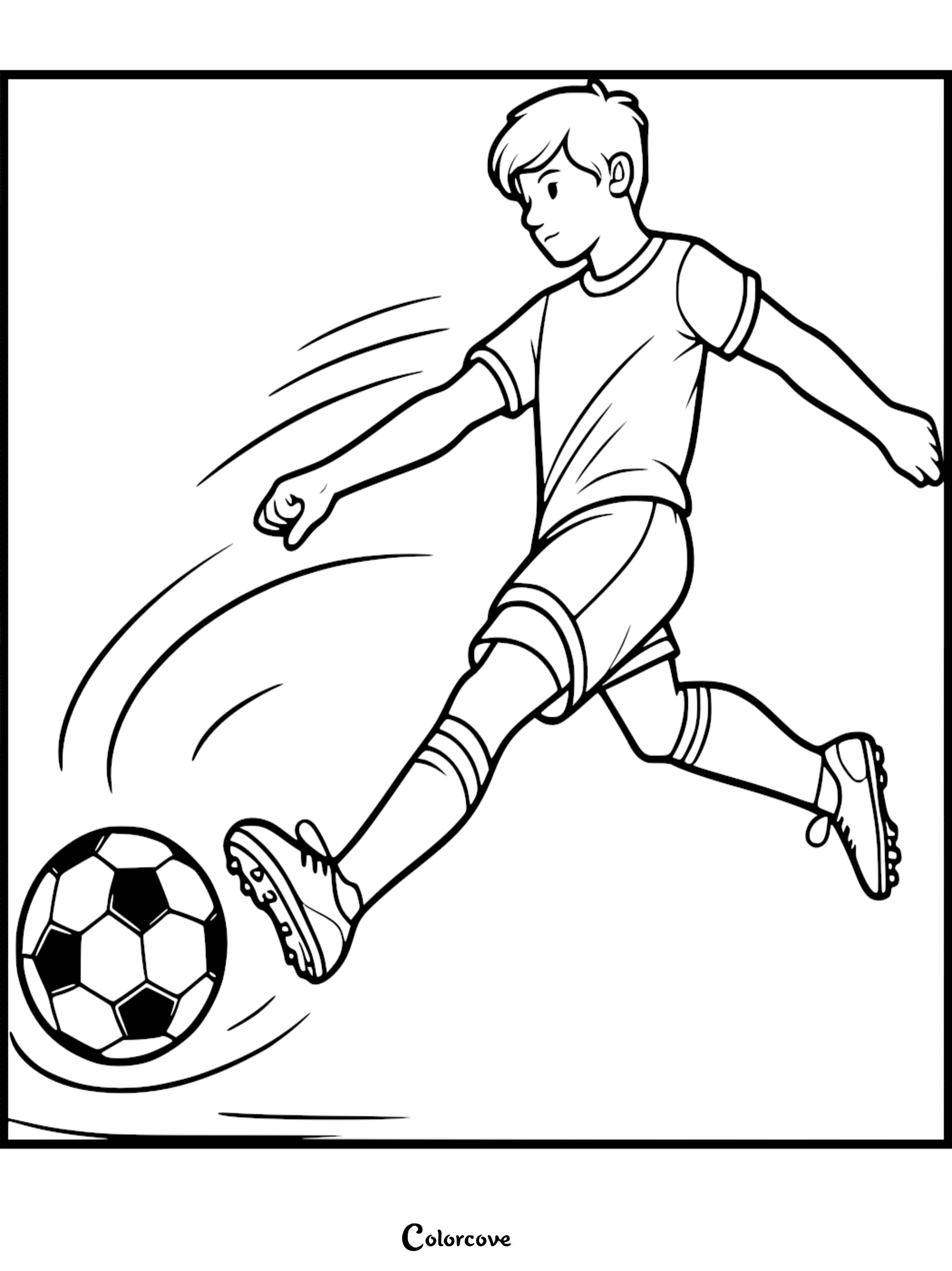 A young boy in a soccer uniform kicking a ball in this printable coloring page.