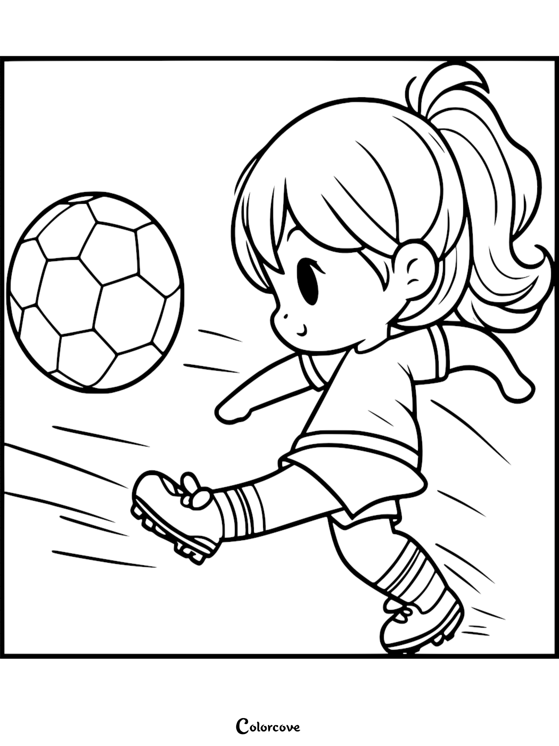 A cute girl with a ponytail wearing a soccer uniform kicking a soccer ball in this printable coloring page.