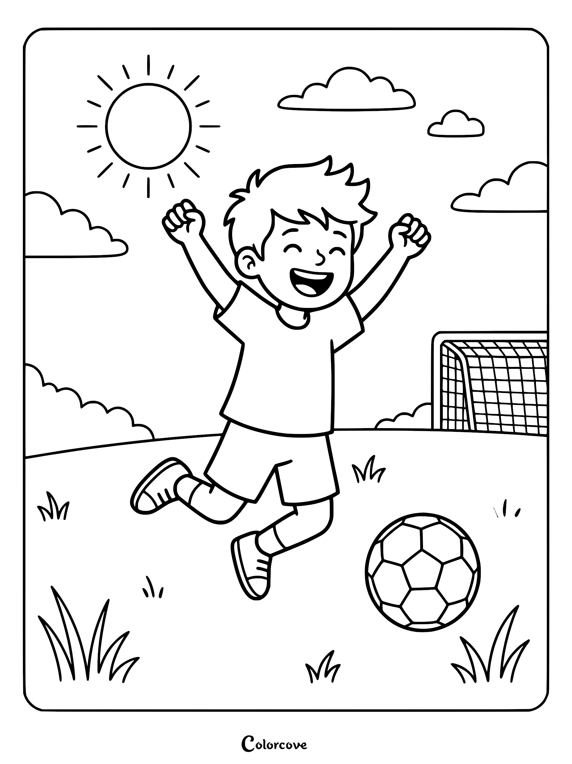 A happy young boy jumping for joy on a soccer field near a goal net, coloring page style line art.
