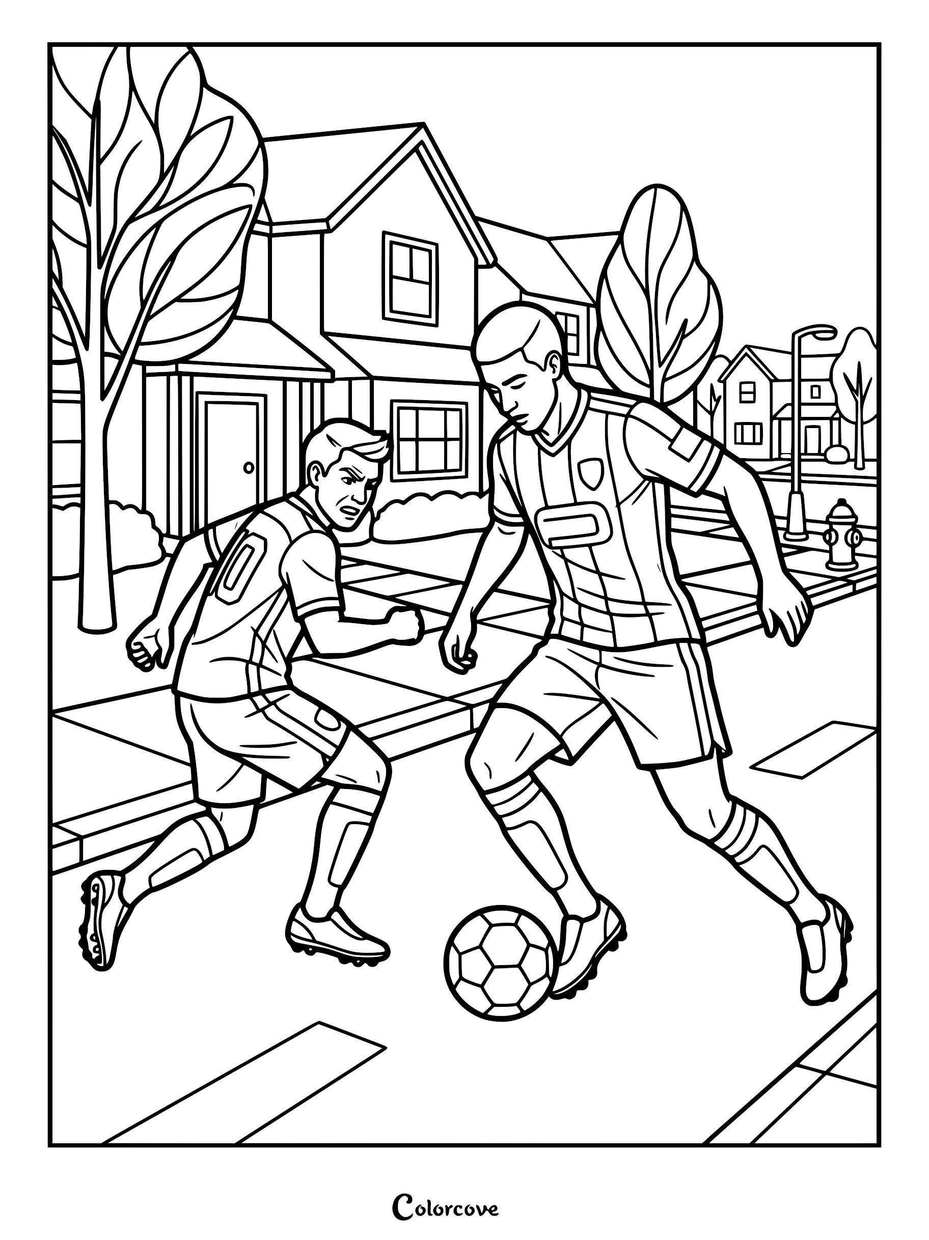 Two soccer players in jerseys competing for a ball on a suburban street coloring page.
