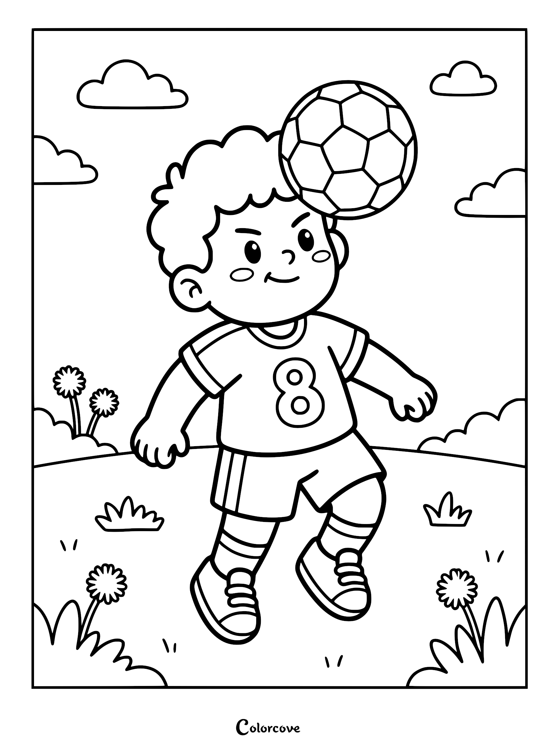 A young boy wearing a jersey with the number 8 heading a soccer ball in a grassy field, coloring page style line art.